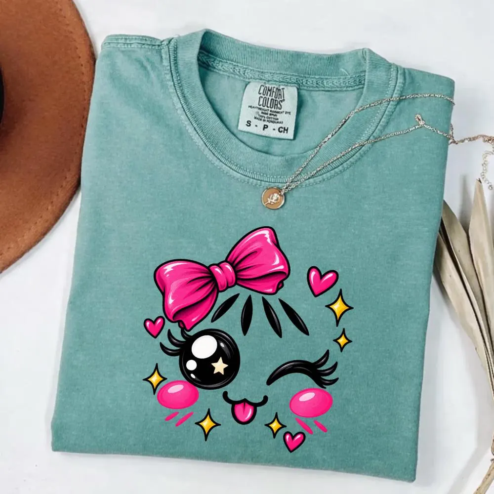 Cute Kawaii Bow T-Shirt, Girly Cartoon Gift, Pink Bow Graphic Tee, Cute Heart Shirt, Coquette Aesthetic Gift, Cute Girl Tee