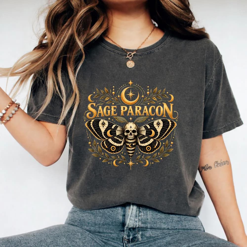 Sage Paragon T-Shirt, Gothic Moth Skull Gift, Occult Witch Gift, Moon Lover Graphic Tee, Dark Academia Shirt for Women Style