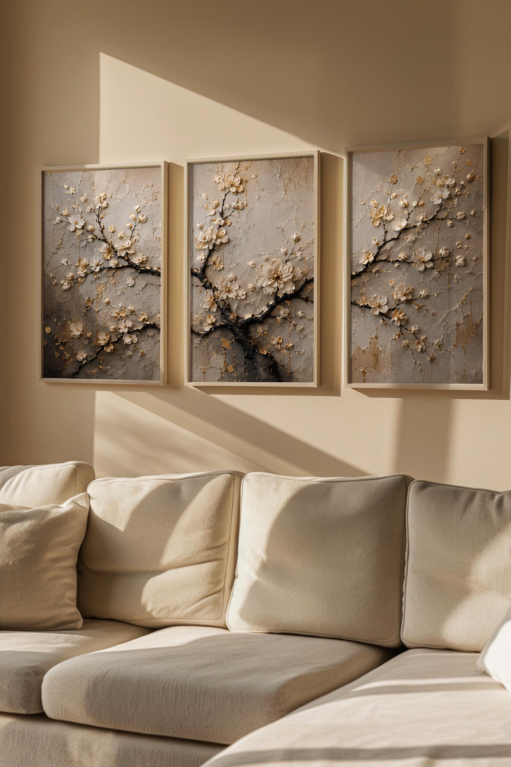 3 Panel Floral Canvas Wall Art-Cherry Blossom Triptych-Neutral Botanical Decor-Luxury Beige Art-Framed Canvas Set - image 2