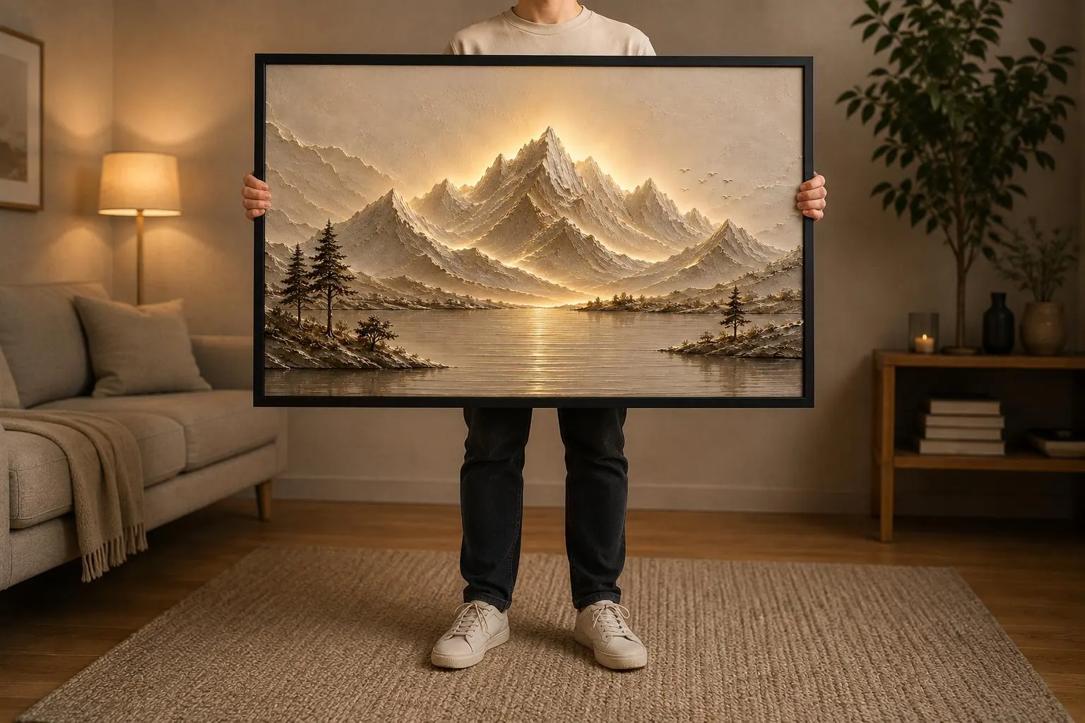 3D Mountain Lake Canvas Wall Art-Illuminated Landscape Artwork-Neutral Nature Decor-Luxury Large Framed Canvas - image 3