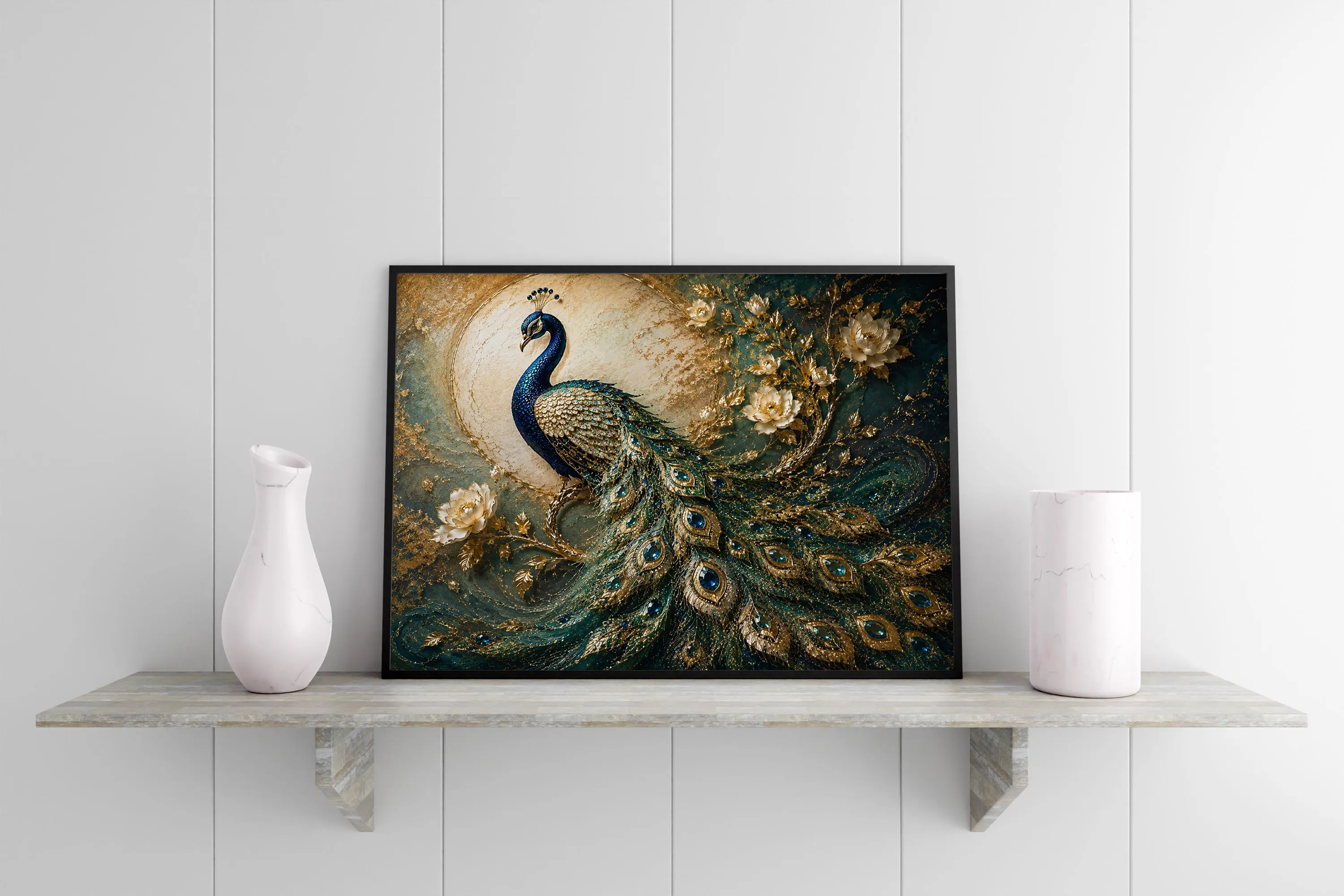 3D Peacock Canvas Wall Art-Blue Green Peacock & Floral Artwork-Luxury Gold Animal Decor-Large Framed Print - image 5