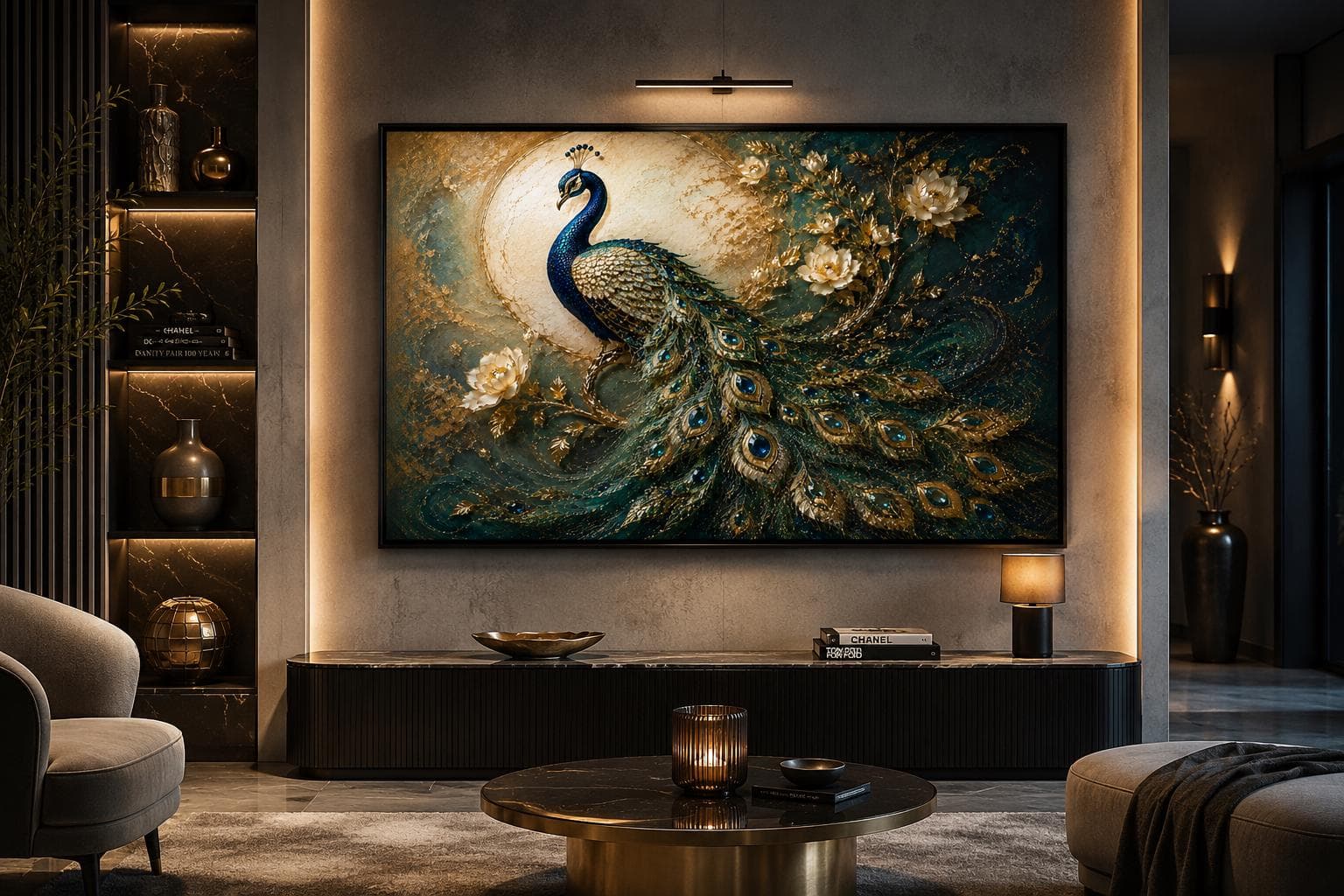 3D Peacock Canvas Wall Art-Blue Green Peacock & Floral Artwork-Luxury Gold Animal Decor-Large Framed Print - image 3