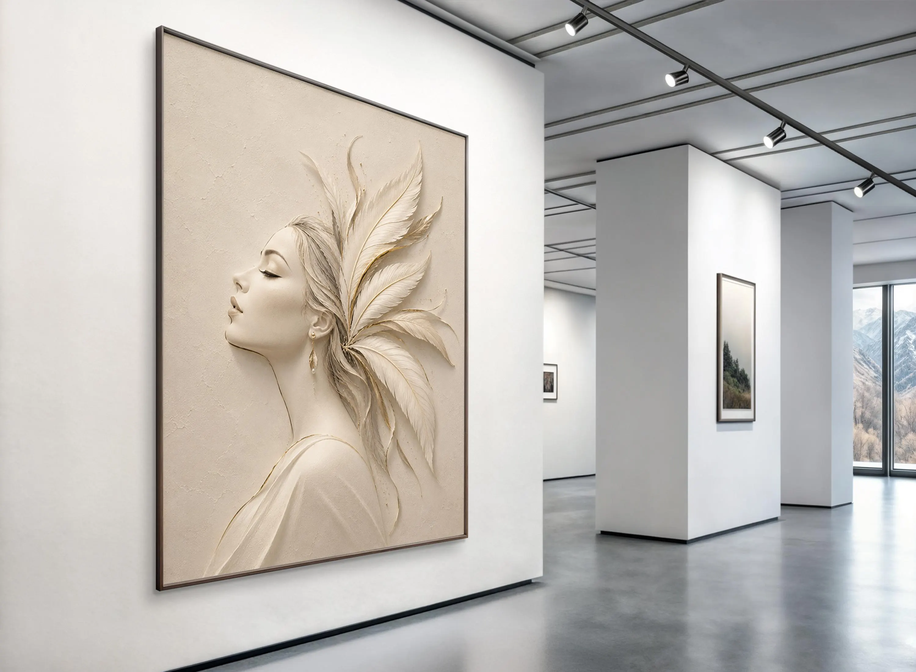 Elegant Woman Canvas Wall Art-3D Feather Portrait-Neutral Feminine Artwork,Luxury Modern Large Framed Canvas - image 5
