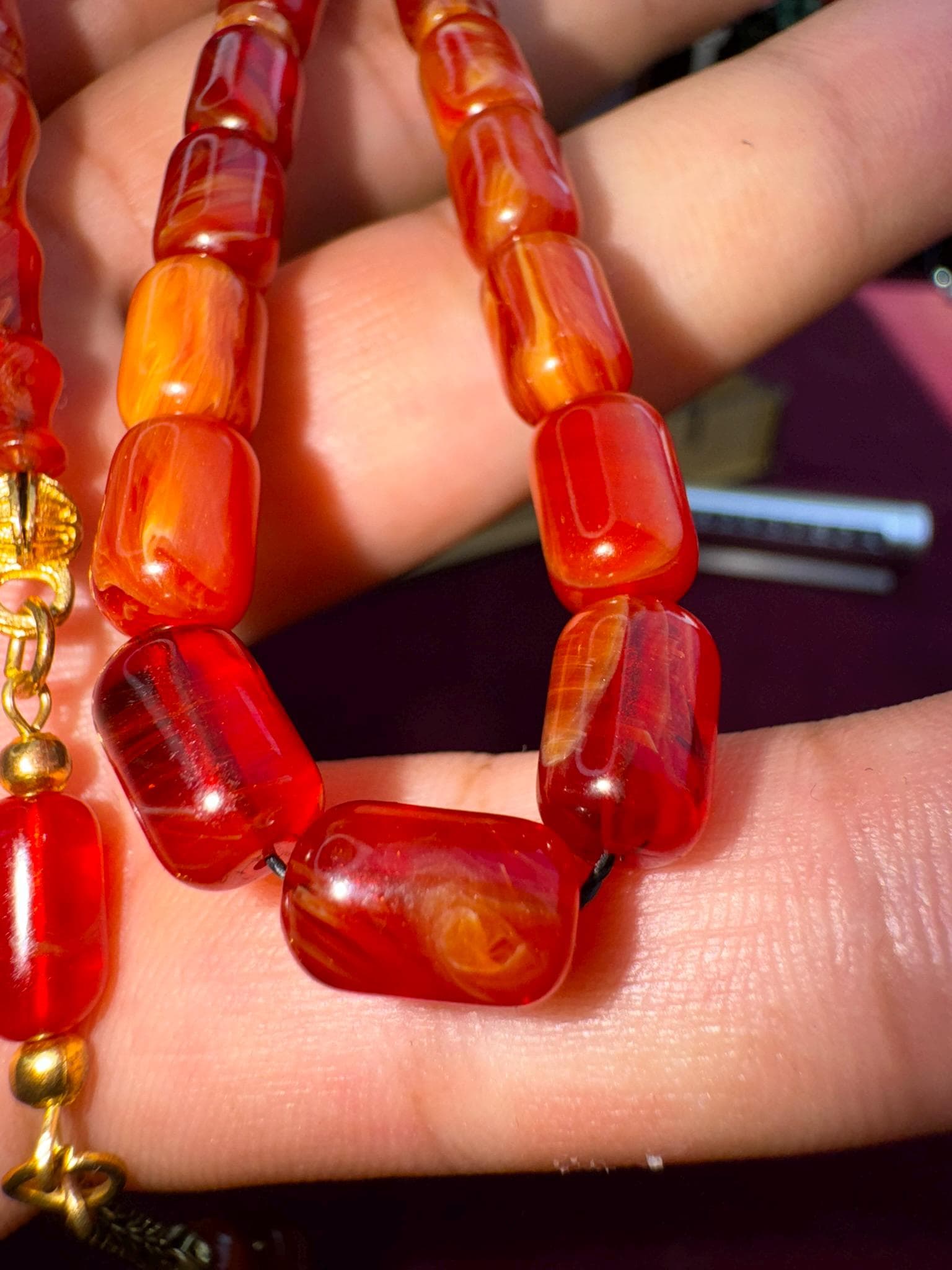 14K Solid Gold Amber Bakelite Tasbih – Cherry Red Prayer Beads (6.4x10.5 mm) - image 5