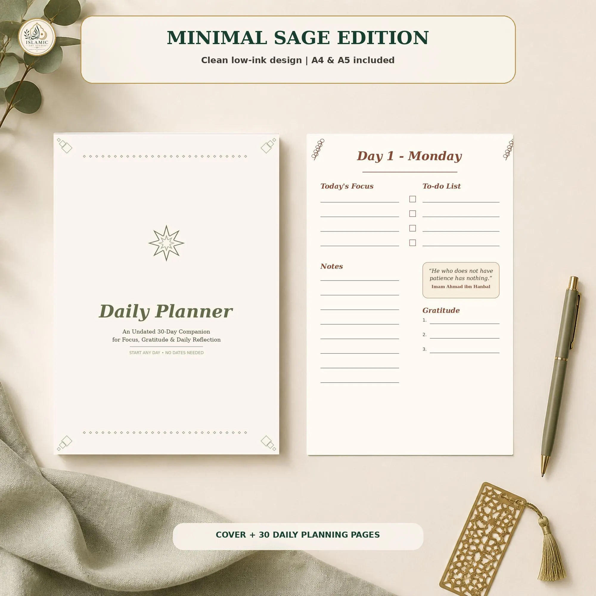 Undated 30-Day Islamic Planner Bundle | Minimal Sage & Vintage Botanical (Digital Download) - image 4