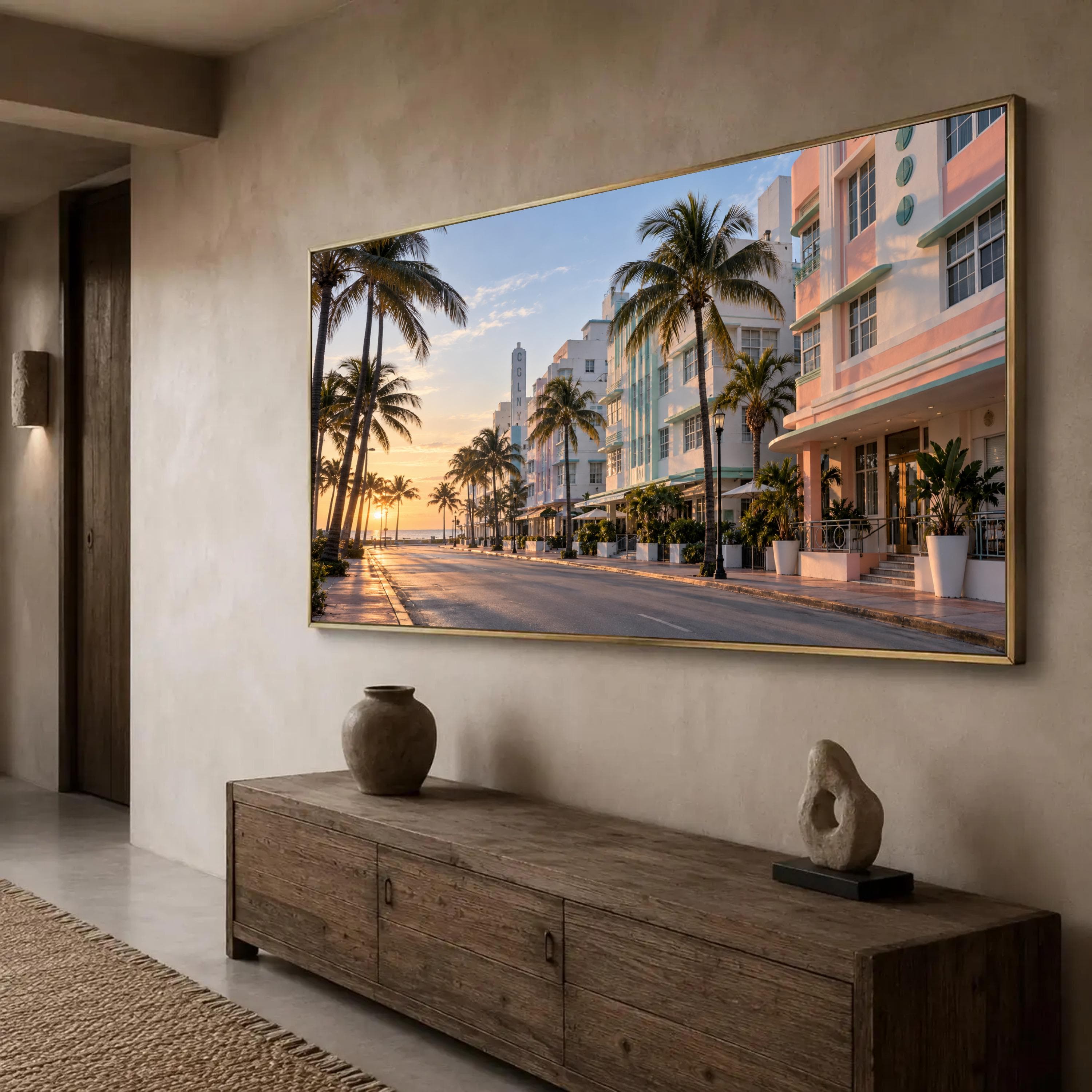 Vintage Miami Beach Canvas Print, Palm Trees and Sunset Cityscape Wall Art for Coastal Home Decor and Beach House Vibes, miami beach art