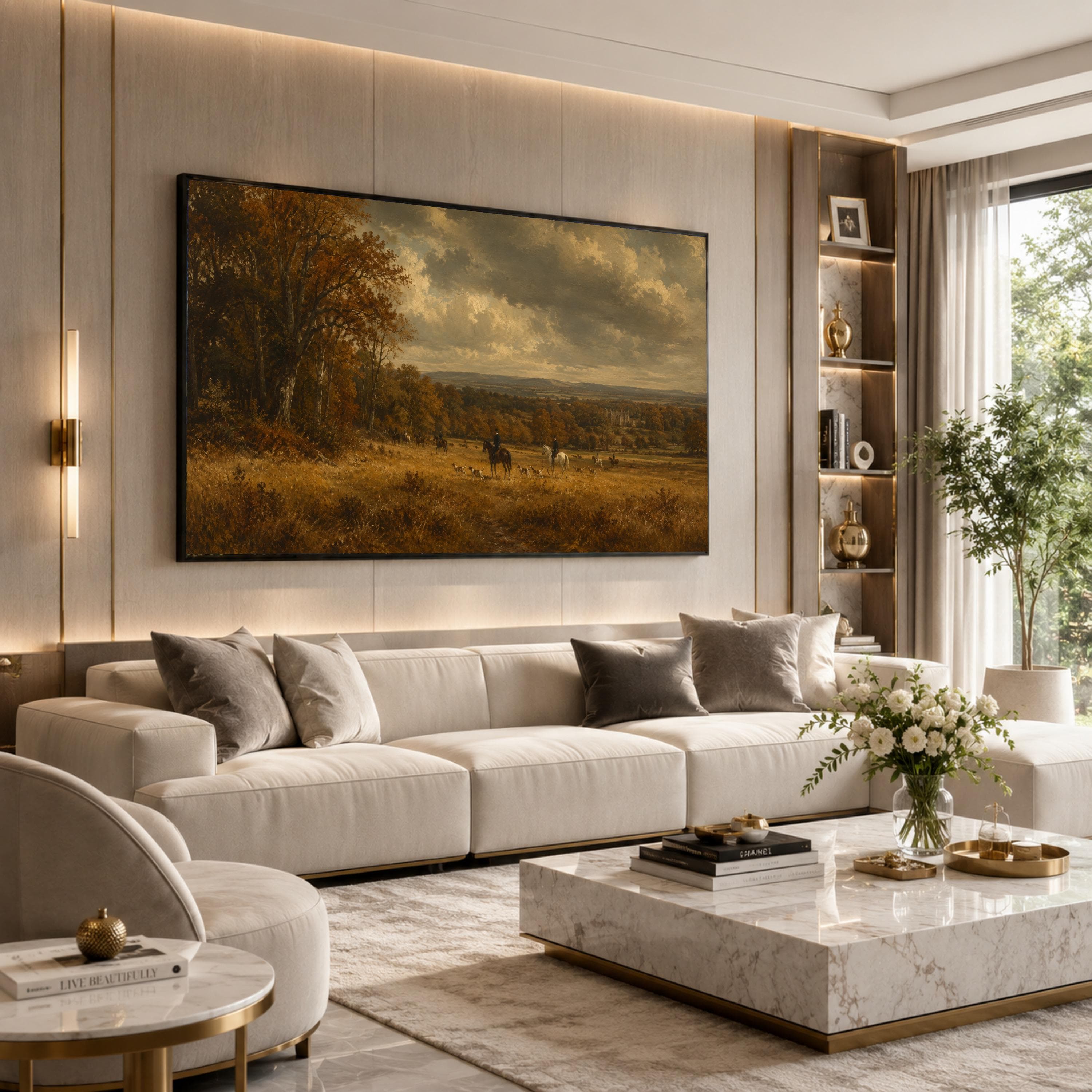 Vintage Autumn Landscape Canvas Print, Rustic Wall Art Featuring a Beautiful Hunting Scene in Warm Earthy Tones for Home Decor