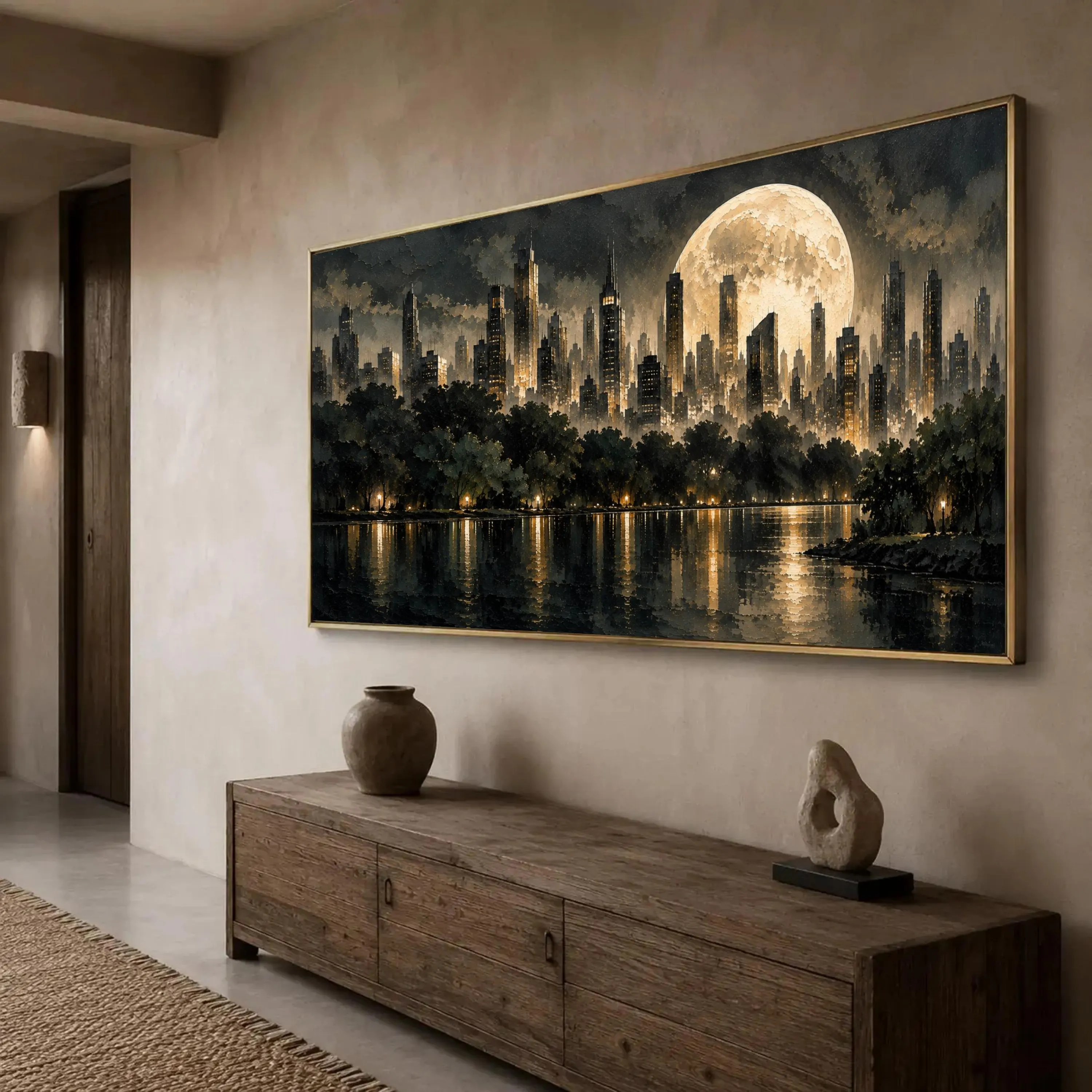 Urban Nightscape Canvas Print, City Skyline Wall Art, Moonlit Reflection, Modern Decor for Living Room or Office Space, city skyline art