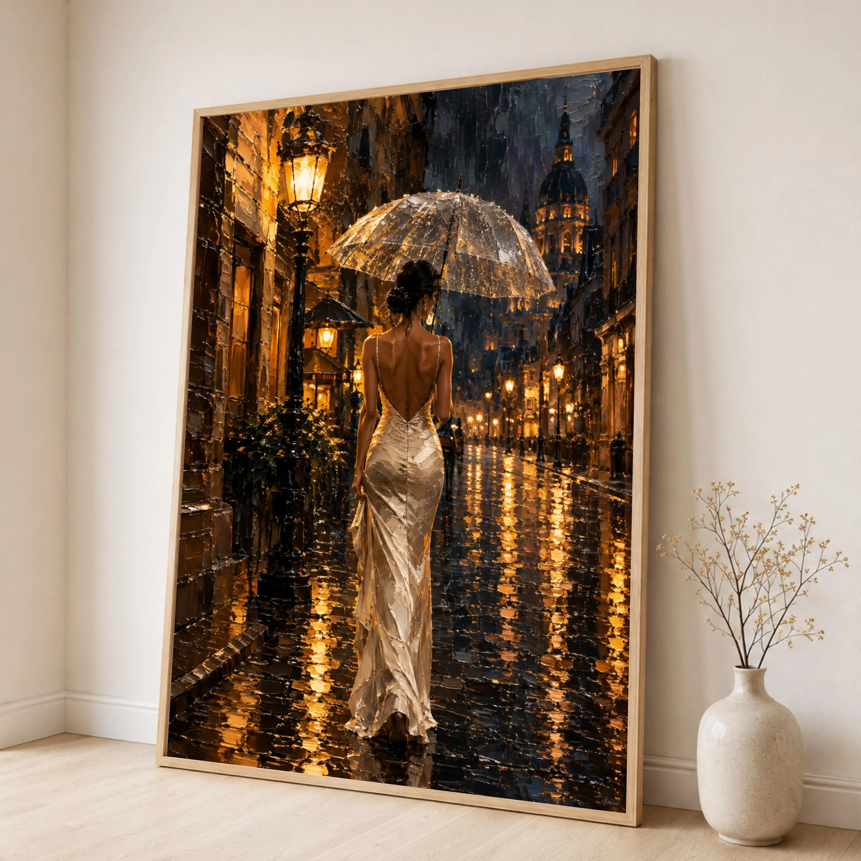 Elegant Woman with Umbrella Canvas Print, Rainy Night City Scene Wall Art for Modern Home and Office Decor, canvas wall art