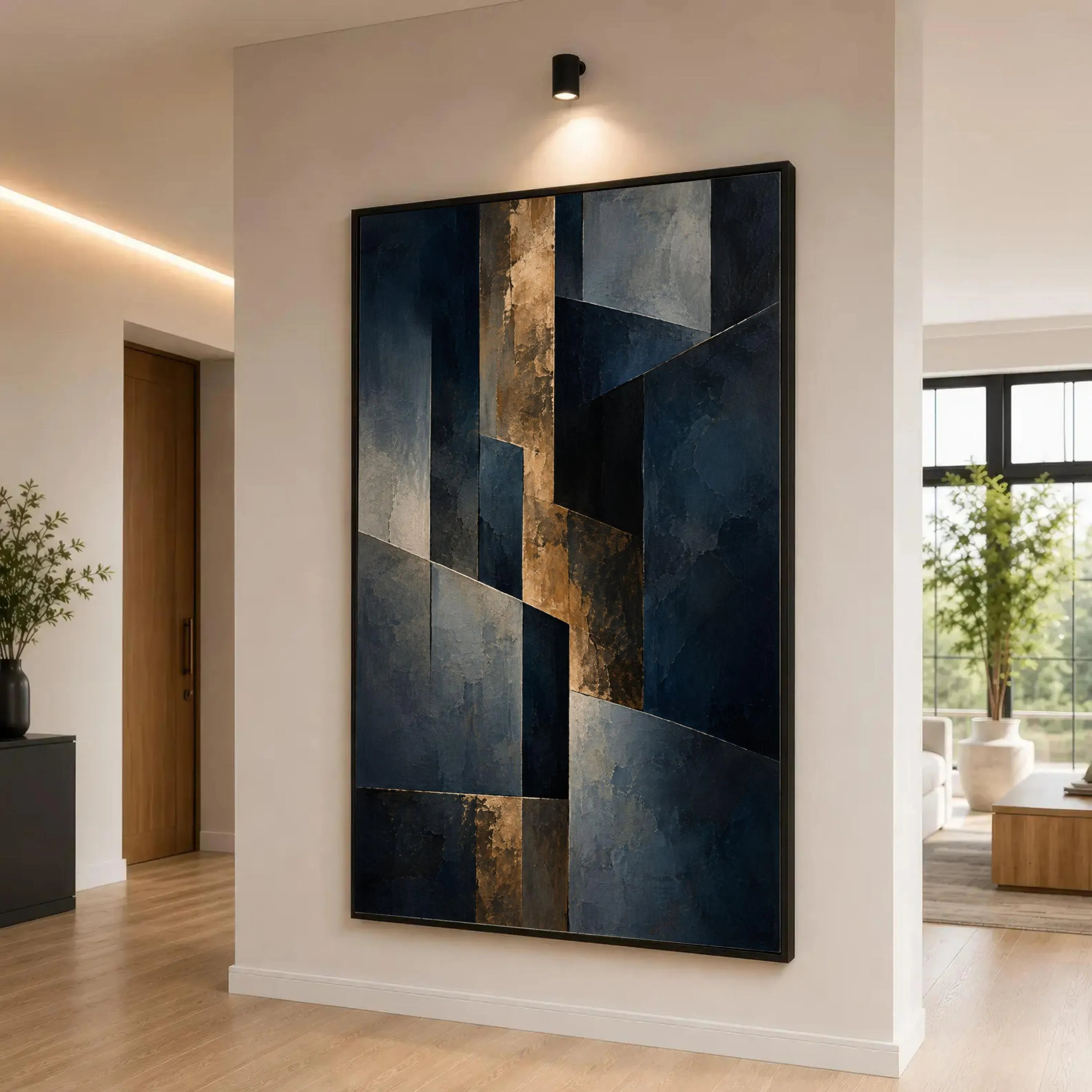 Modern Geometric Canvas Print in Dark Blue and Gold, Abstract Wall Art for Living Room, Office, or Bedroom Decor, geometric decor