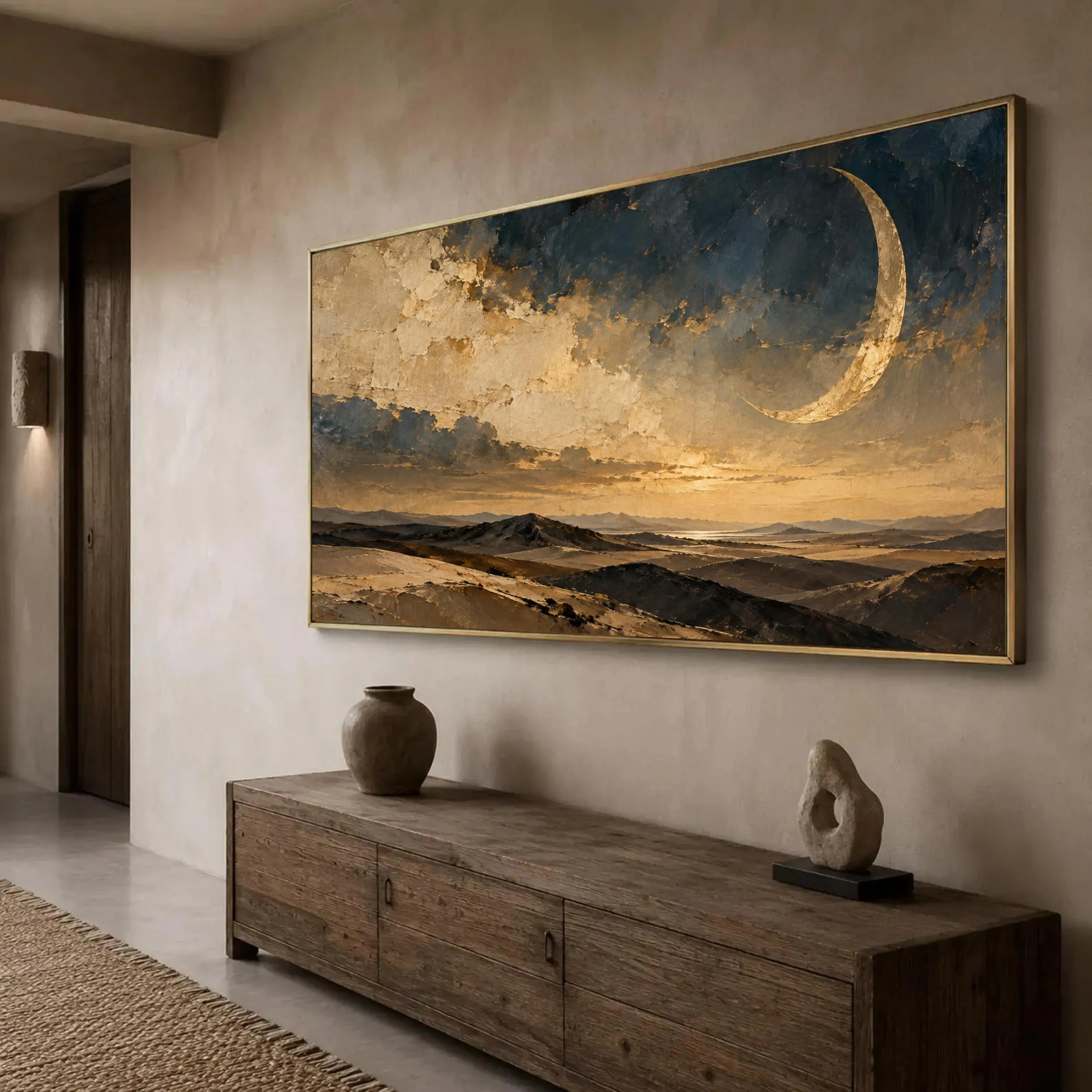 Moody Desert Landscape Canvas Print, Golden Crescent Moon Over Dunes, Scenic Wall Art for Living Room or Bedroom Decor, moody wall art