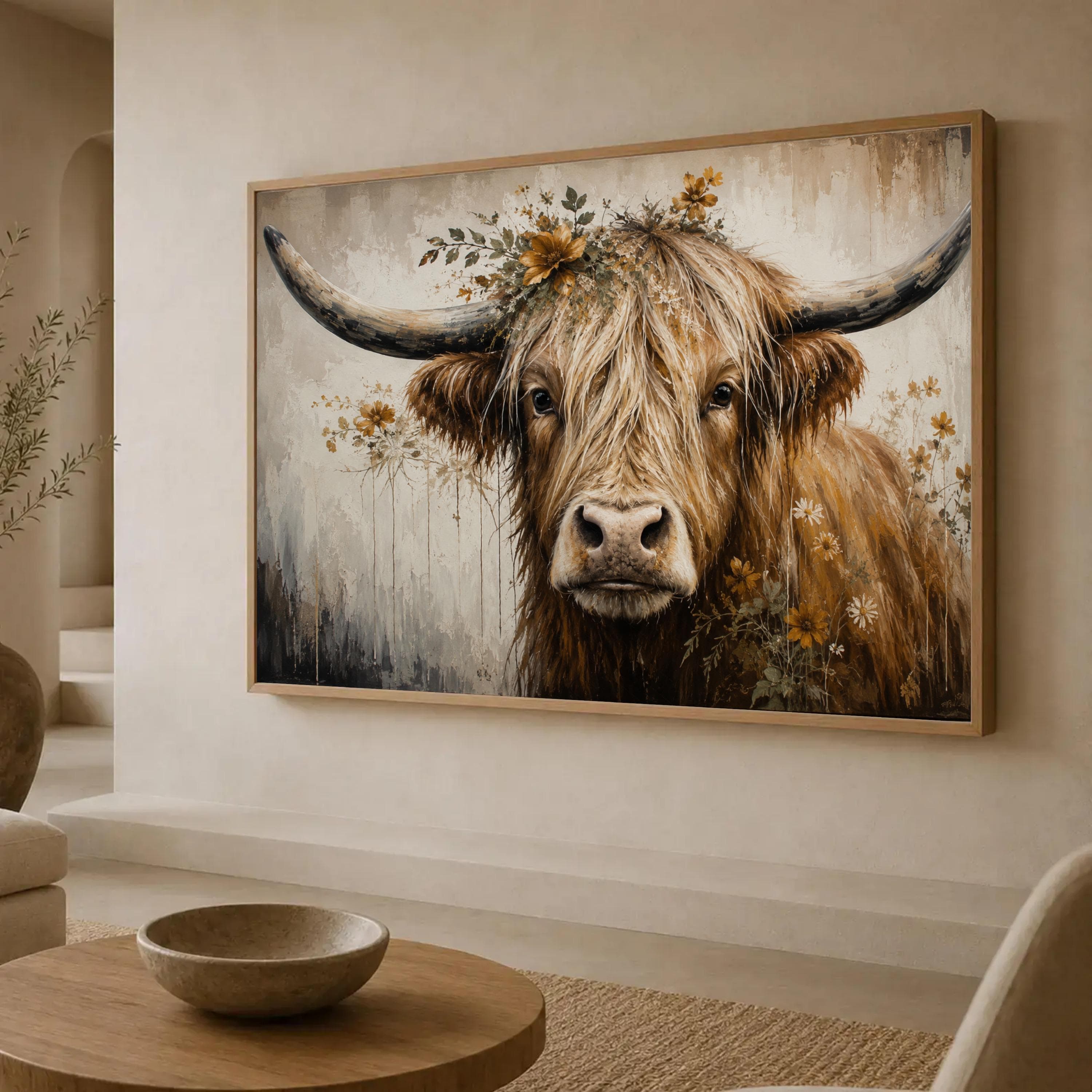 Highland Cow Canvas Print, Rustic Farmhouse Wall Art with Floral Accents for Cozy Living Room Decor, Country Home Aesthetic