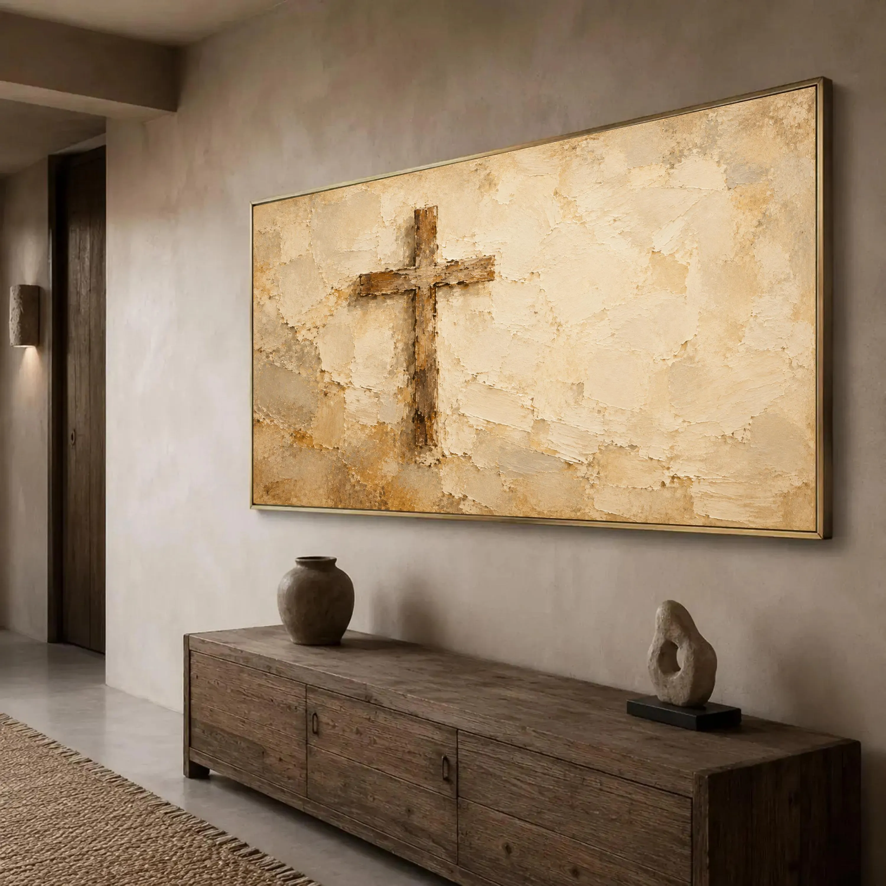 Rustic Cross Canvas Print, Neutral Wall Art for Home, Vintage Style Religious Decor for Living Room or Office, cross wall art