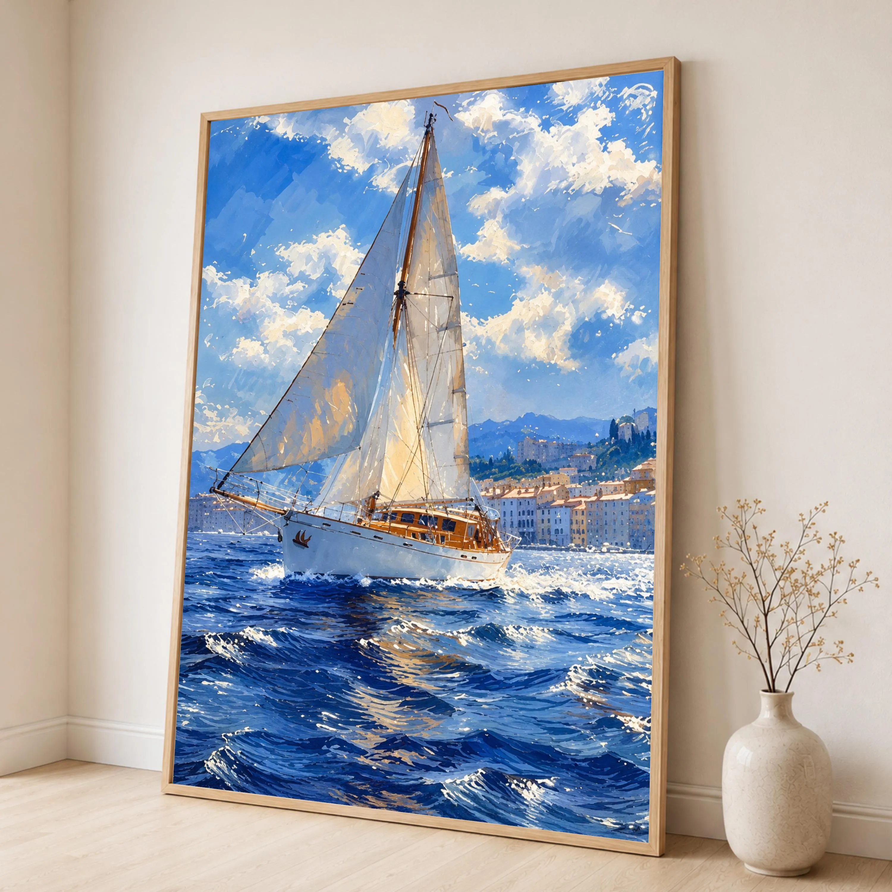 Sailboat Canvas Print, Serene Ocean Scene, Nautical Wall Art, Coastal Decor, Blue Sky, Marine Landscape, Home Office Art