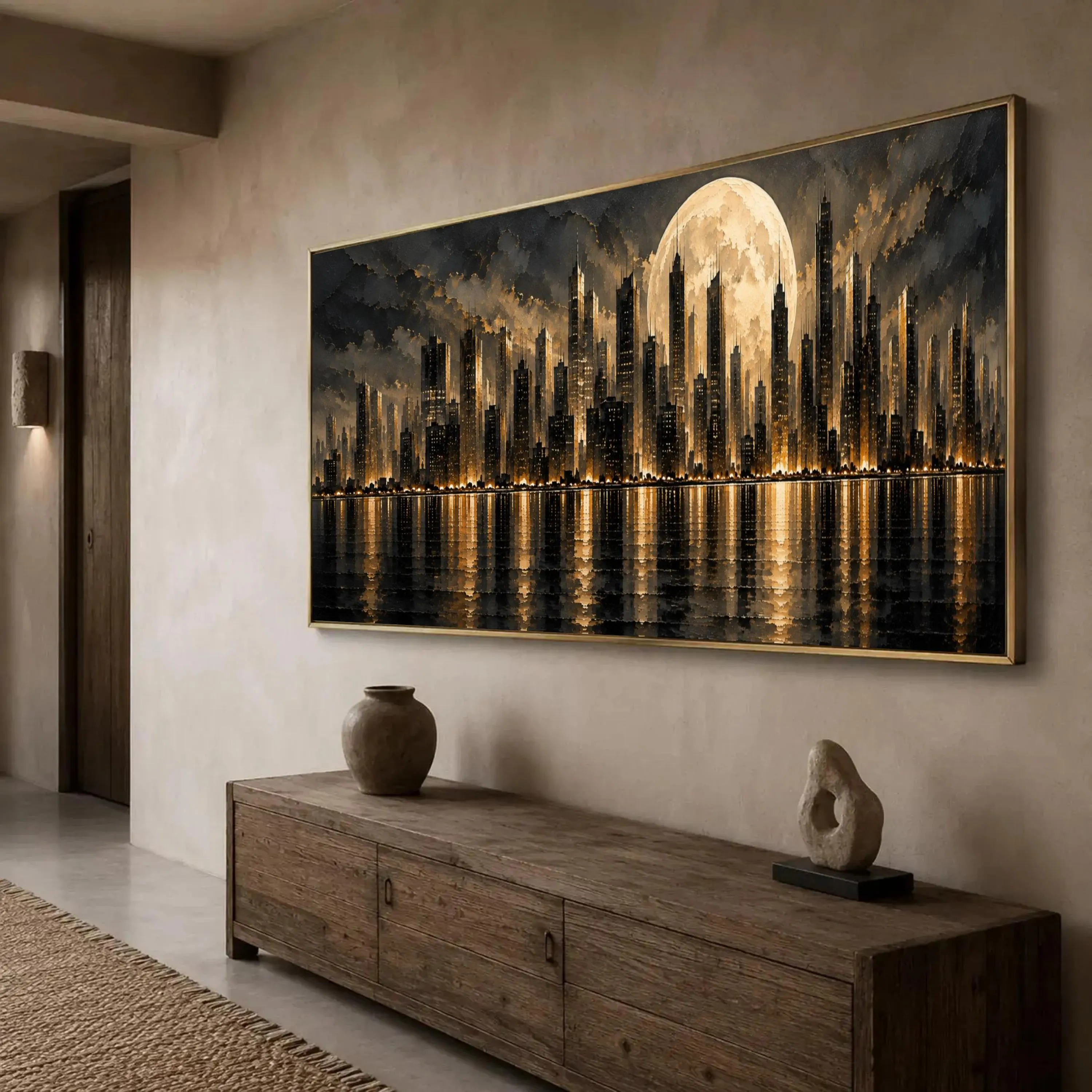 Moody Cityscape Canvas Print, Urban Skyline with Full Moon Reflection, Modern Wall Art for Living Room or Office Decor, cityscape wall art