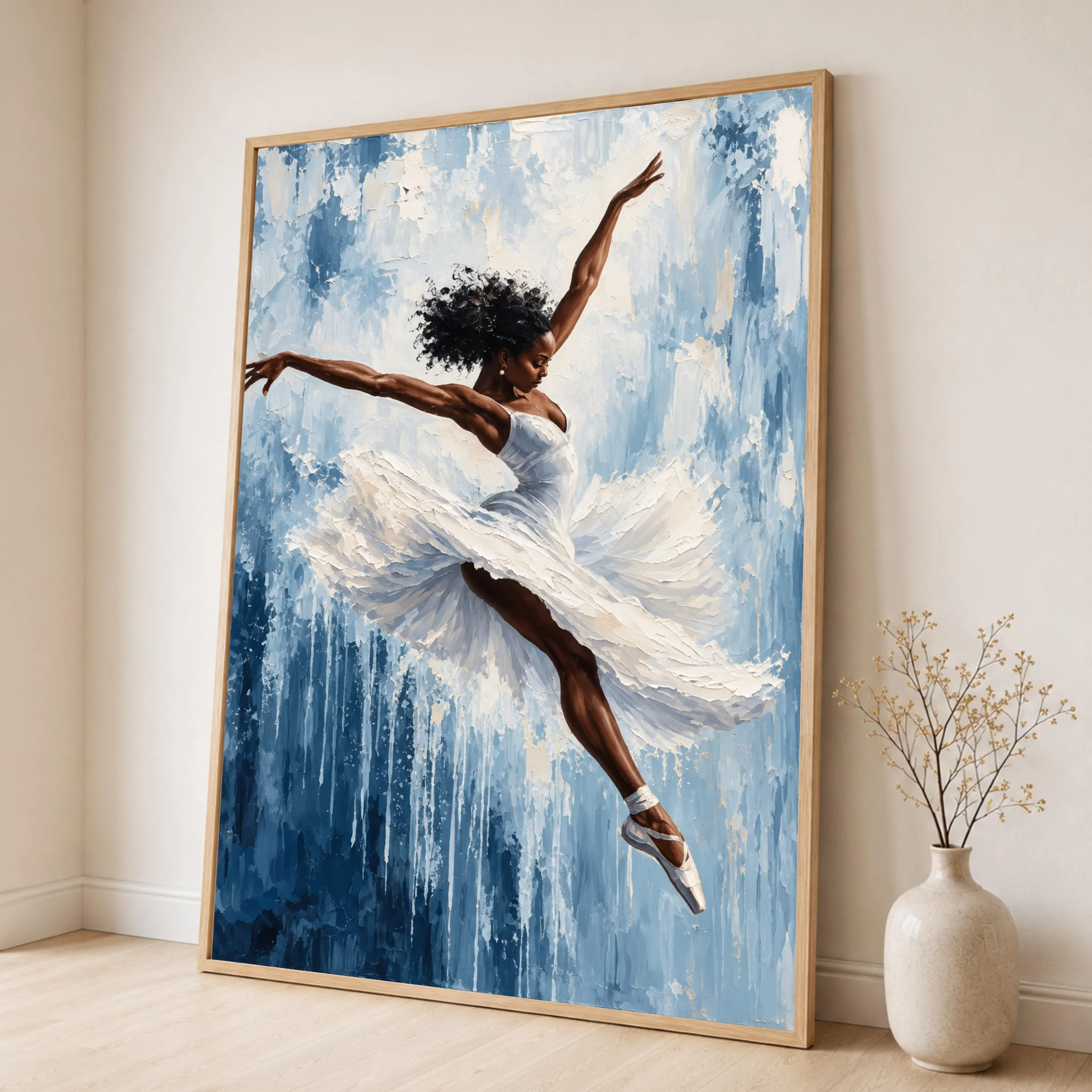 Elegant Ballerina Canvas Print, Graceful Dance Artwork for Living Room, Blue and White Wall Art, Modern Home Decor, ballet wall art