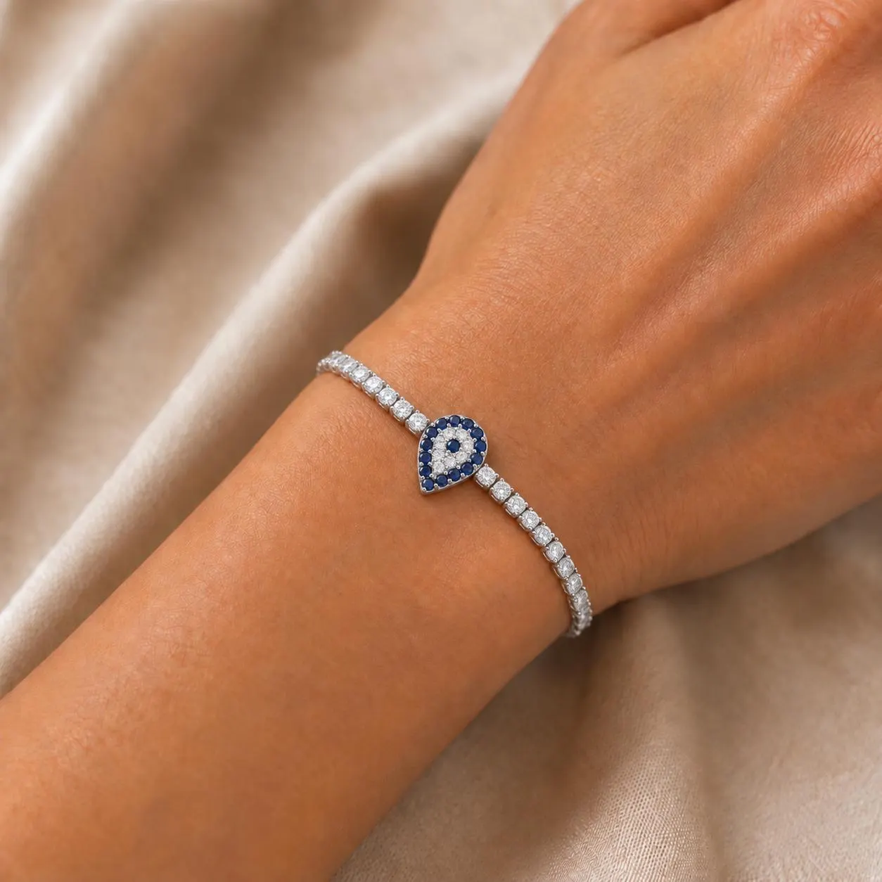 Teardrop Evil Eye Tennis Bracelet, Silver Zirconia Bracelet, Dainty Nazar Charm Bracelet, Minimalist Evil Eye Jewelry, Protection Gift for H - image 4
