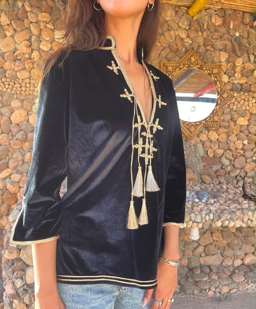 Black Velvet Moroccan Tunic with Gold El Bouja Embroidery and Tassels - image 4