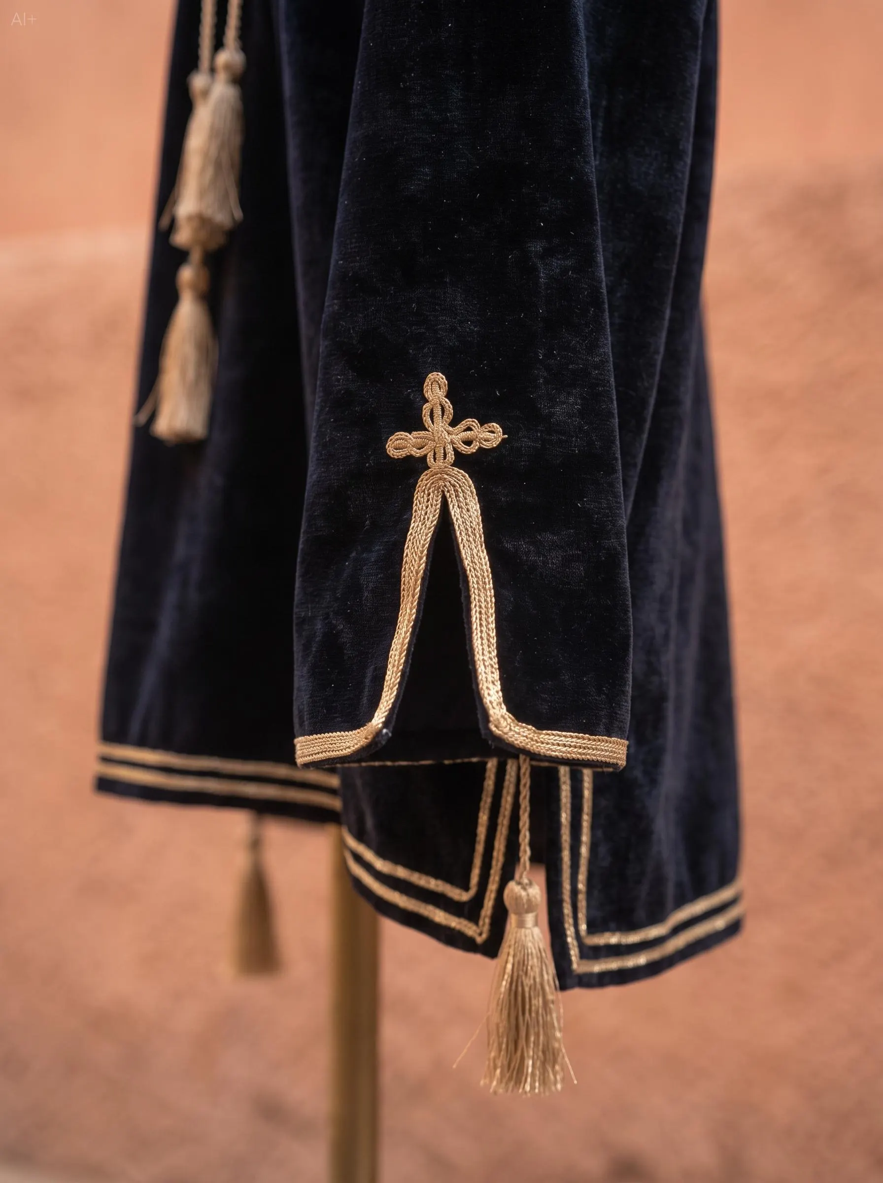 Close-up of a black velvet three-quarter sleeve with a gold-trimmed cuff opening and small El Bouja decorative motif.