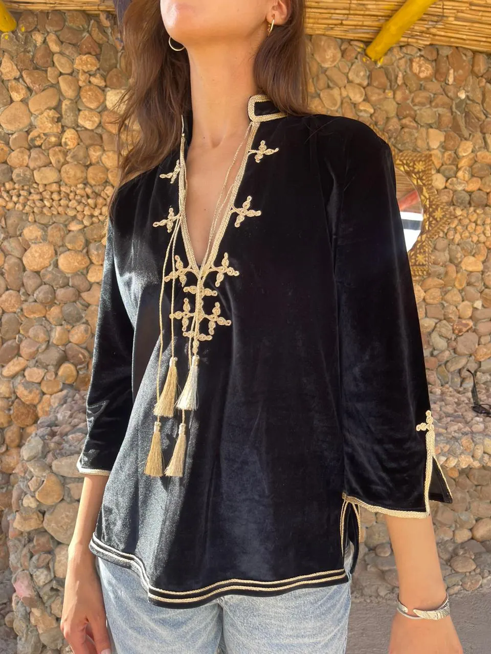 Black Velvet Moroccan Tunic with Gold El Bouja Embroidery and Tassels - image 3