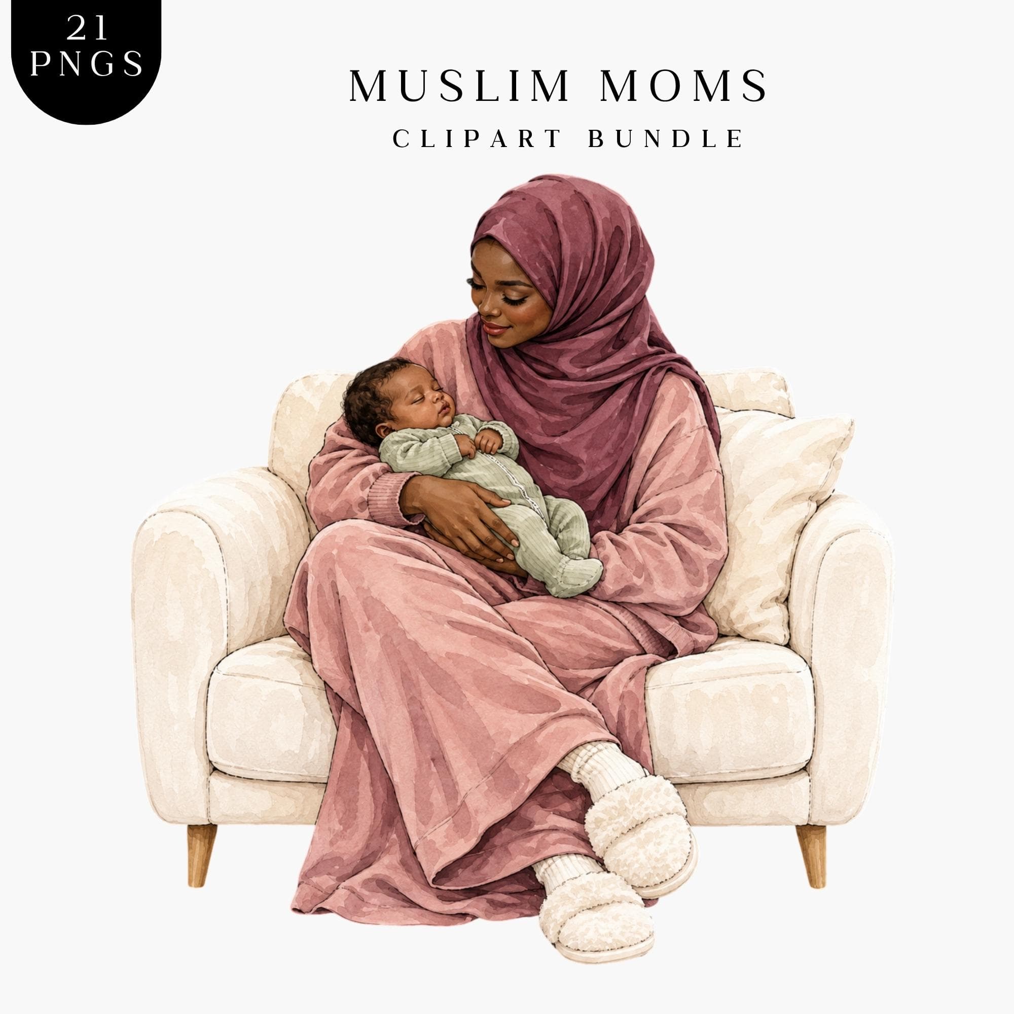 Muslim Mother And Baby Clipart Bundle, Hijab Mums Watercolour Illustrations, Islamic Mom, Hijab Mothers - image 2