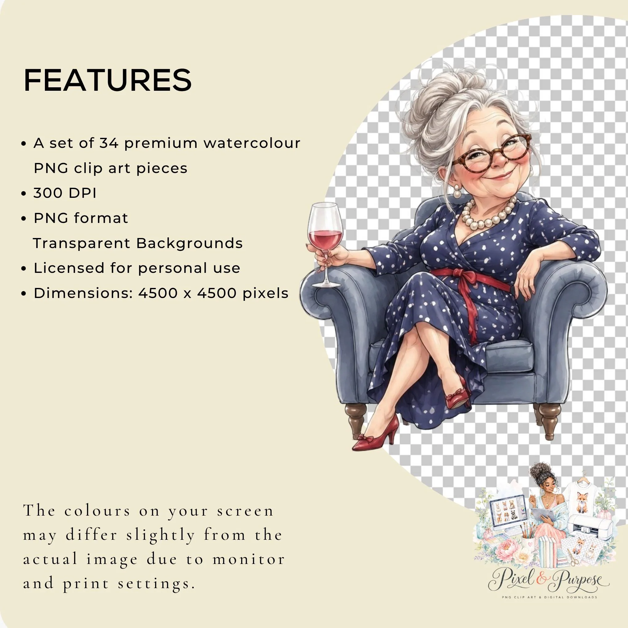 Senior Woman Clipart, Older Lady Fashion Clip Art, Mature Stylish Quirky Grandma, Elegant Woman - image 3