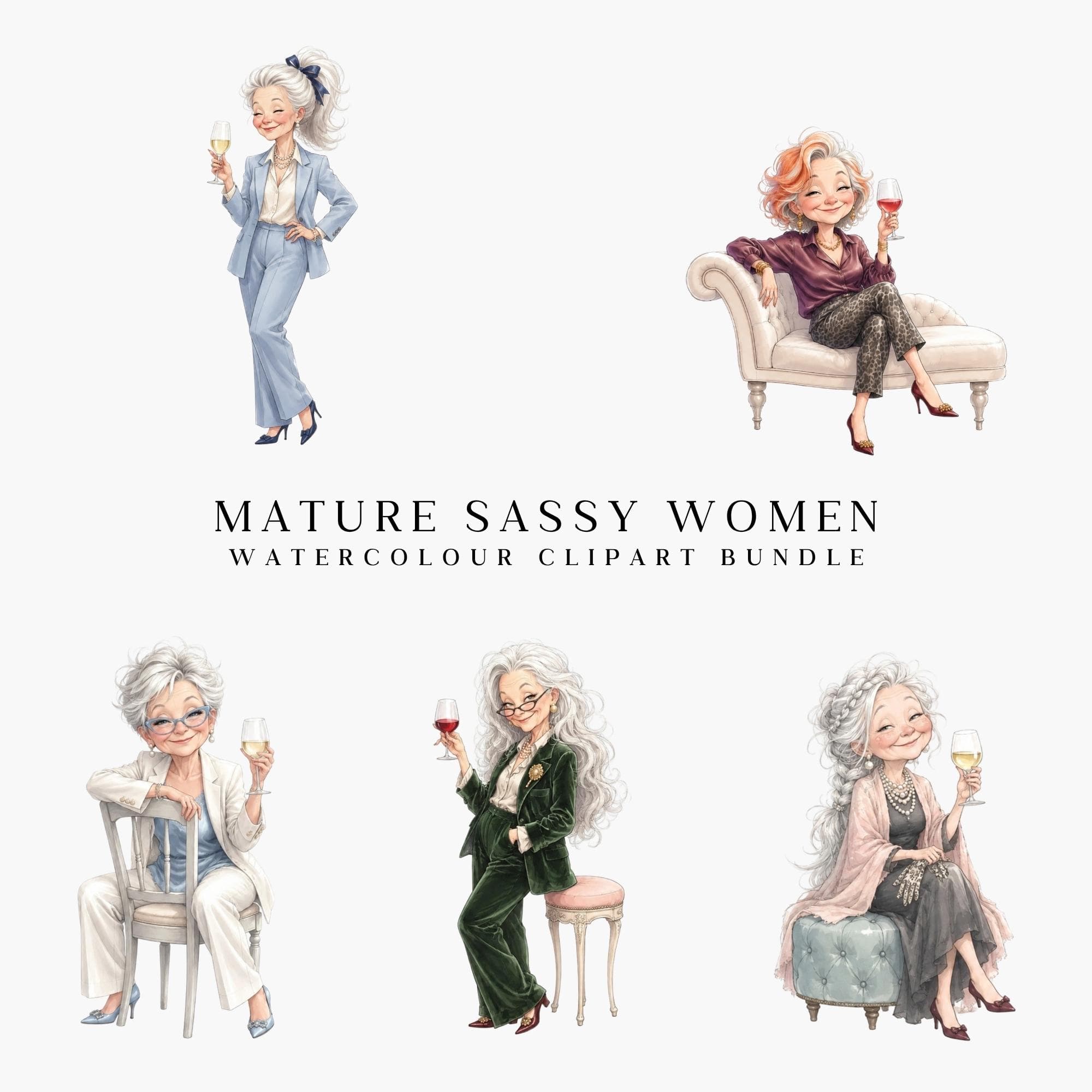 Senior Woman Clipart, Older Lady Fashion Clip Art, Mature Stylish Quirky Grandma, Elegant Woman - image 4