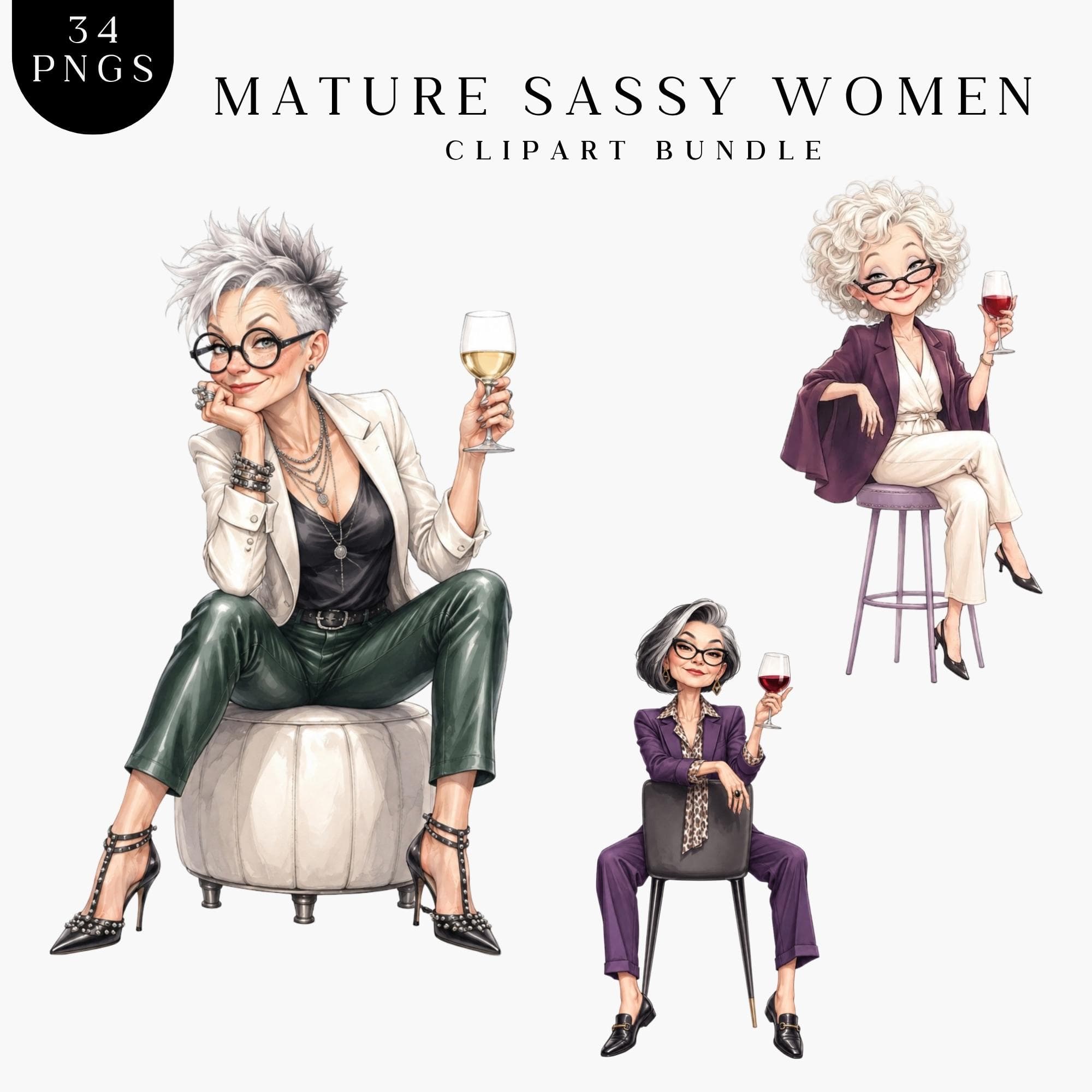 Senior Woman Clipart, Older Lady Fashion Clip Art, Mature Stylish Quirky Grandma, Elegant Woman