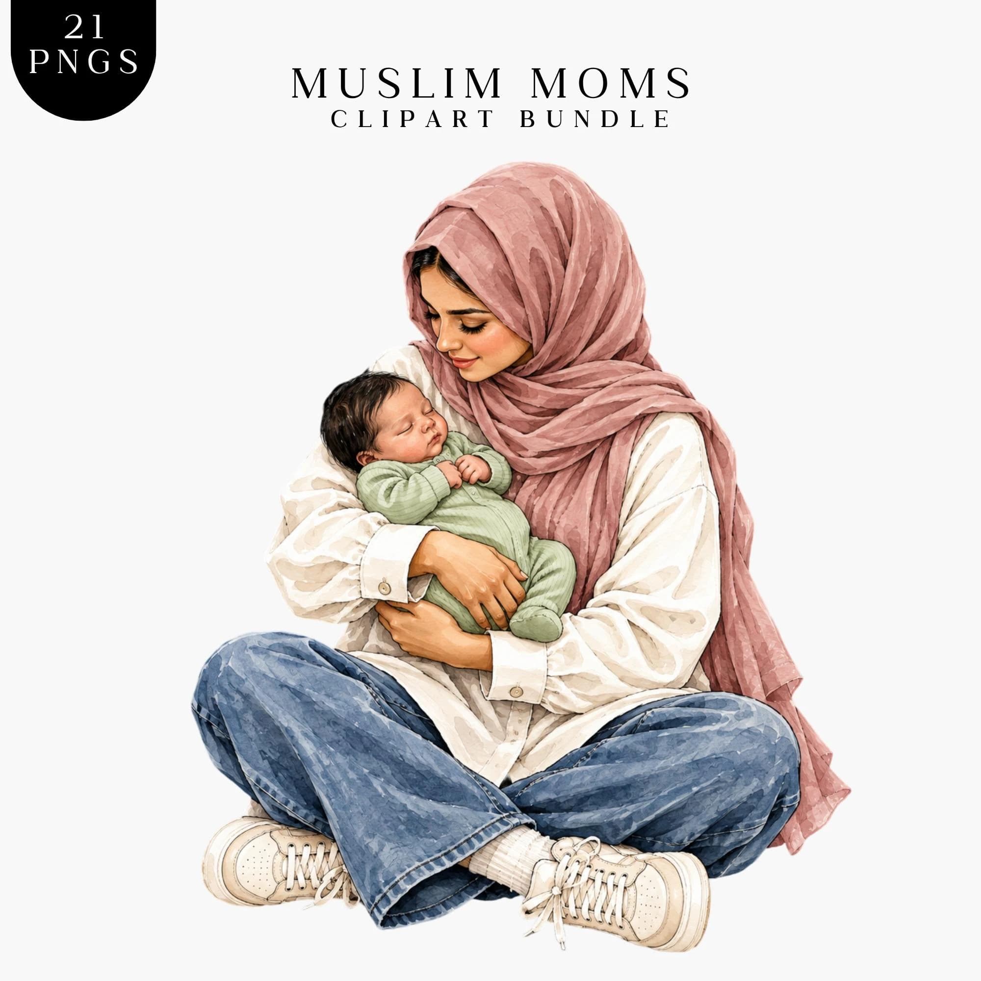 Muslim Mother And Baby Clipart Bundle, Hijab Mums Watercolour Illustrations, Islamic Mom, Hijab Mothers