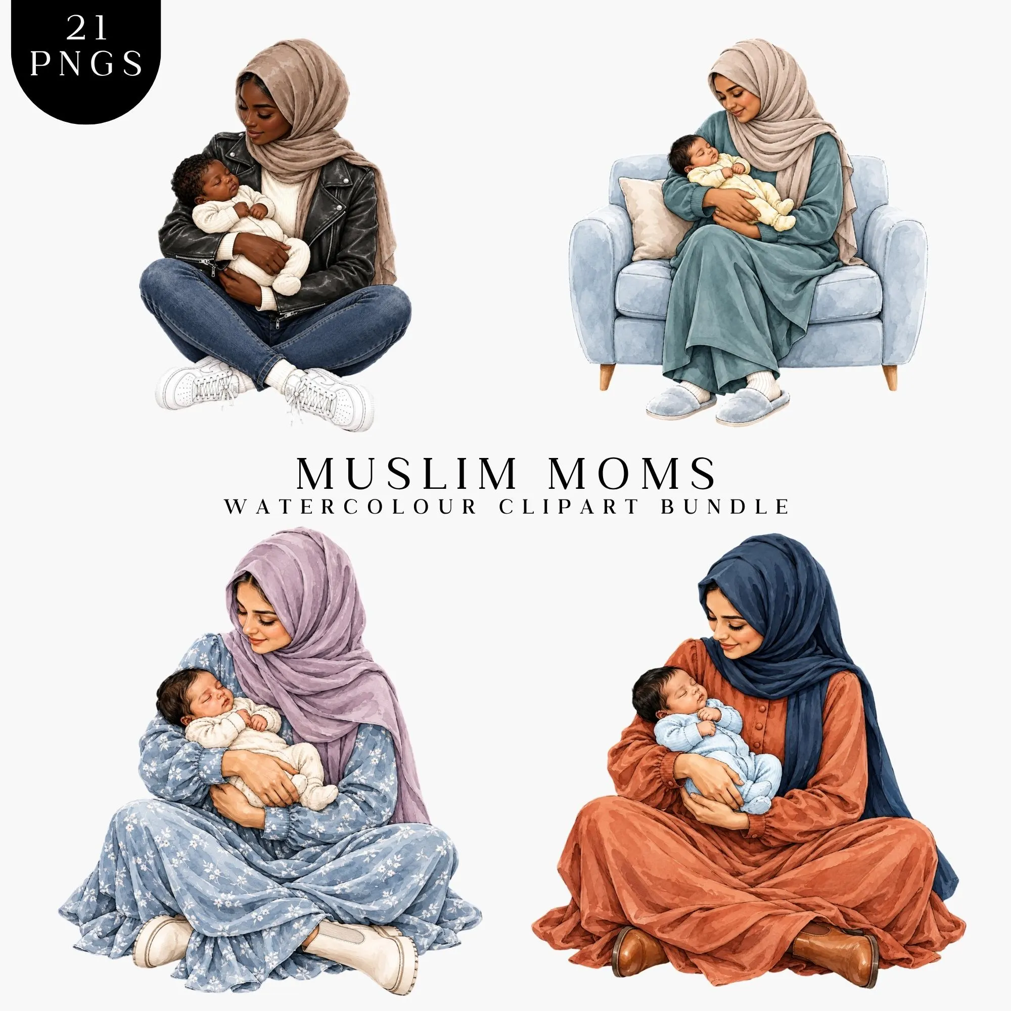 Muslim Mother And Baby Clipart Bundle, Hijab Mums Watercolour Illustrations, Islamic Mom, Hijab Mothers - image 3