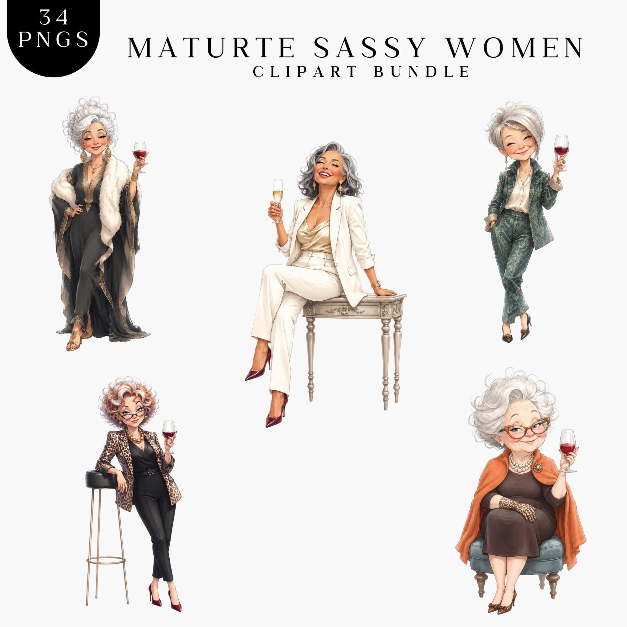 Senior Woman Clipart, Older Lady Fashion Clip Art, Mature Stylish Quirky Grandma, Elegant Woman - image 2