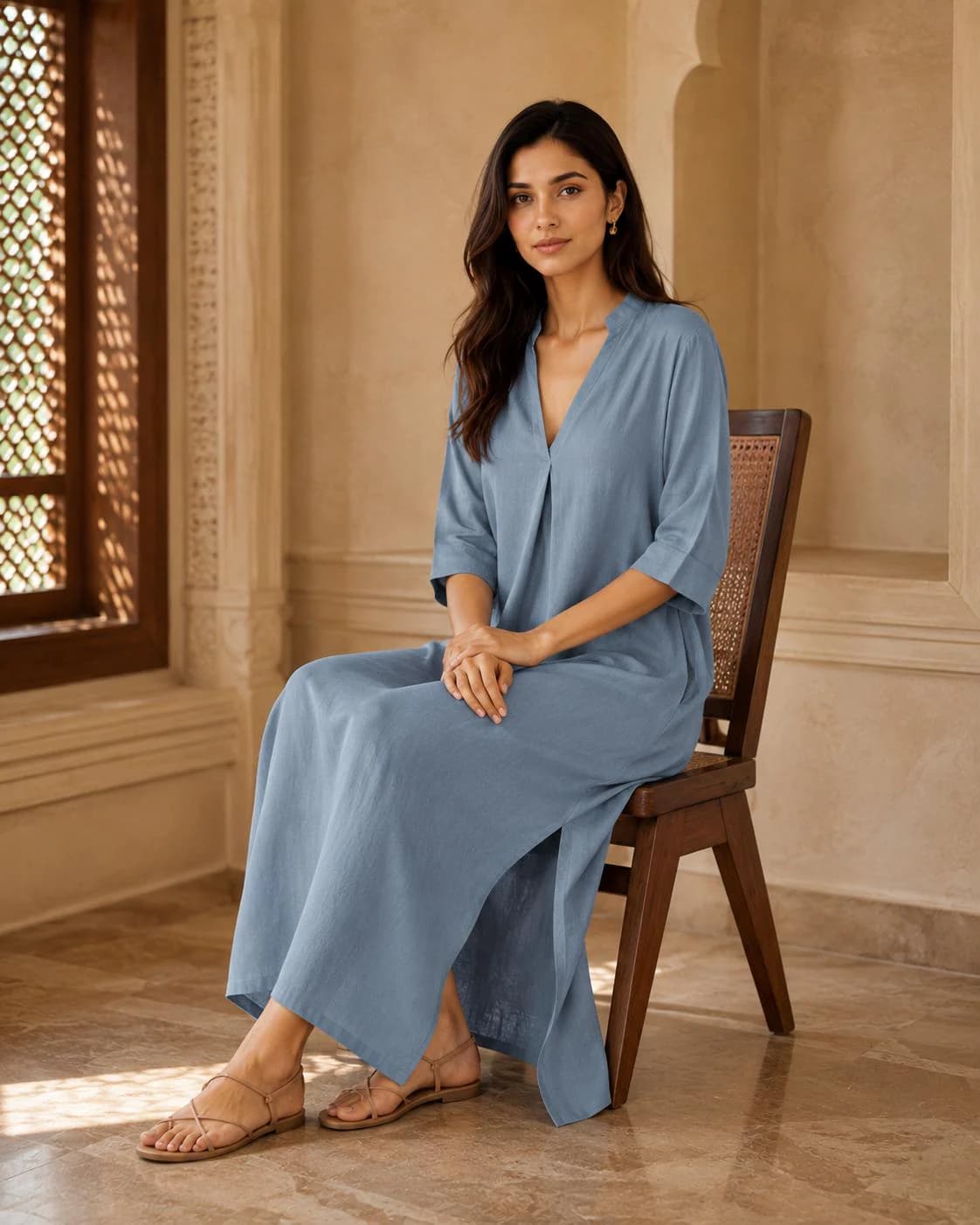 Dusty Blue Linen Maxi Dress for Women, Relaxed Fit Long Dress, Minimalist Summer Dress - image 4