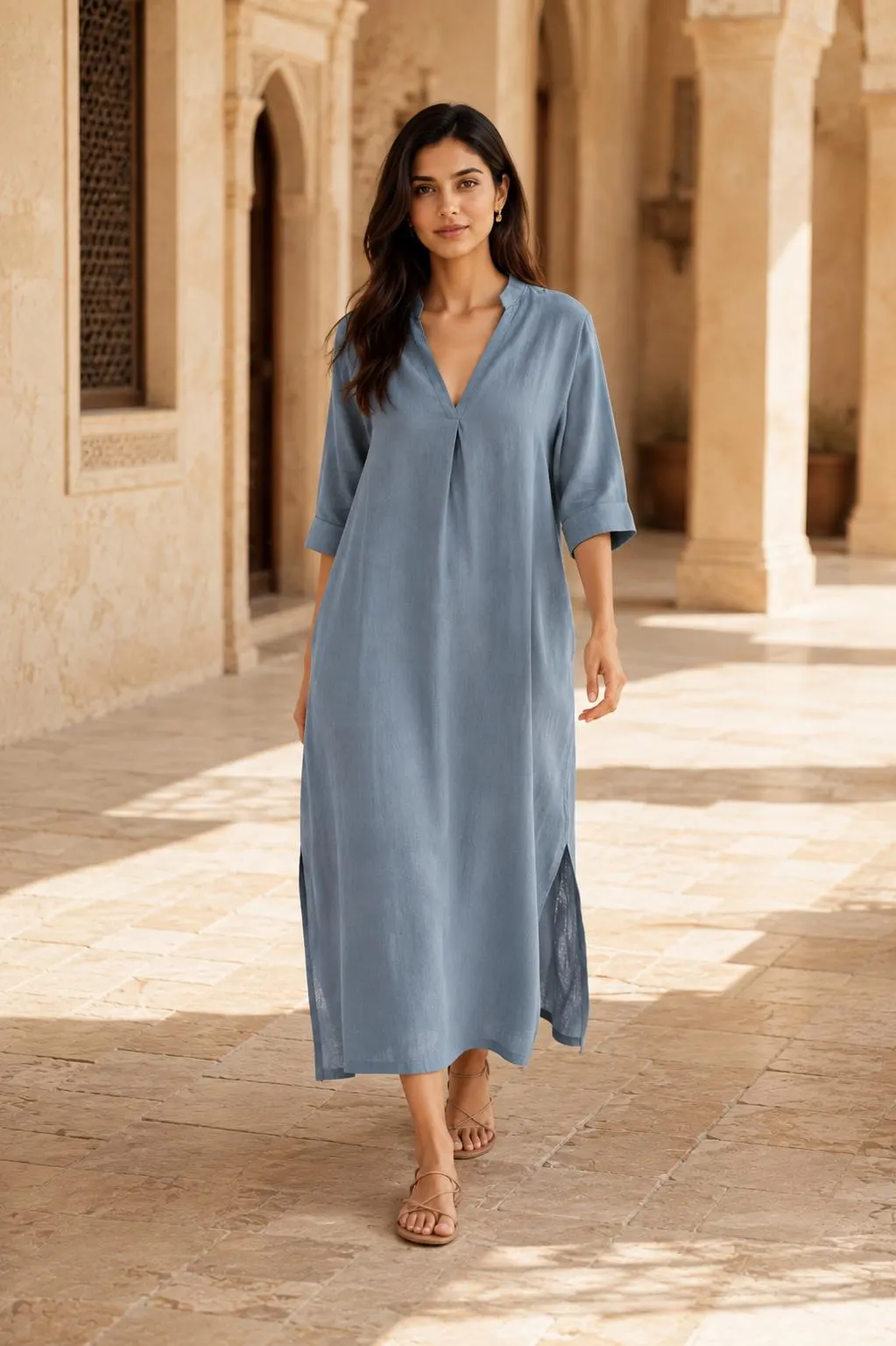 Dusty Blue Linen Maxi Dress for Women, Relaxed Fit Long Dress, Minimalist Summer Dress - image 3
