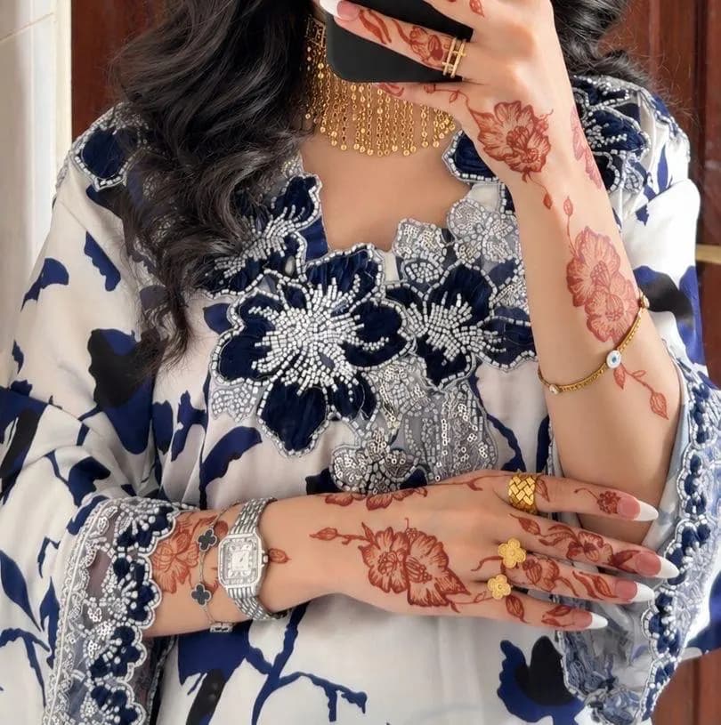Luxury Blue Embroidery Mukhawar Dress, Floral Wedding Guest Evening Gown, Bridesmaid Silk Maxi Dress