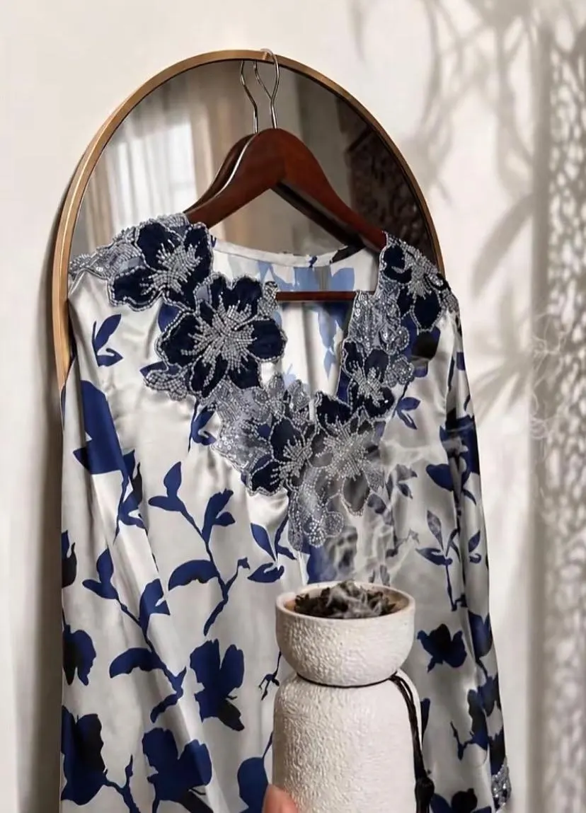 Luxury Blue Embroidery Mukhawar Dress, Floral Wedding Guest Evening Gown, Bridesmaid Silk Maxi Dress - image 3