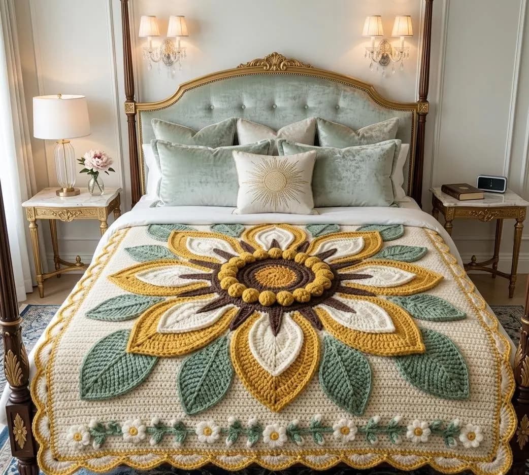 Sunflower Granny Square Crochet Blanket Pattern, Queen Size Bedspread (PDF Download) - image 5