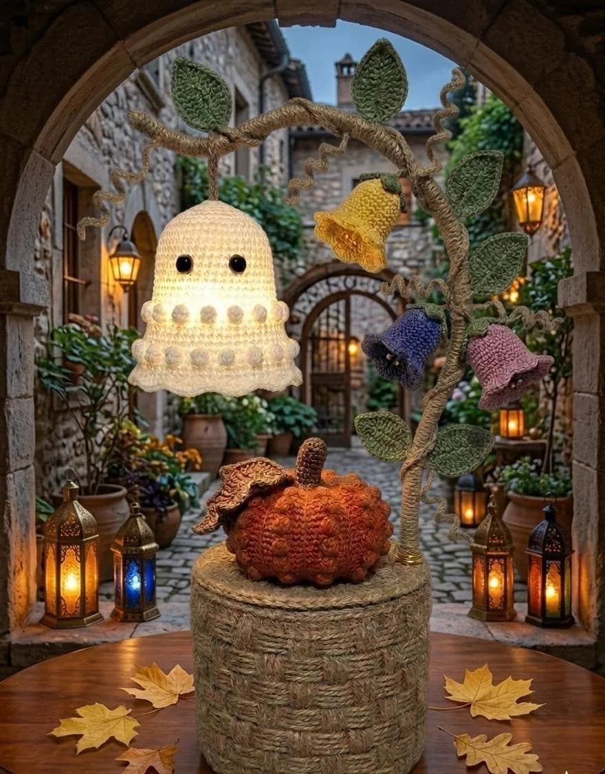 Crochet Ghost Lamp Pattern, Halloween Vine Light, Pumpkin Bellflowers (PDF) - image 4