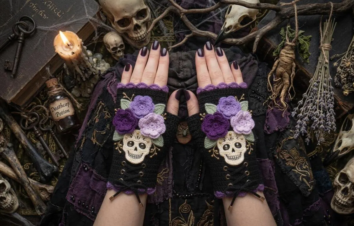 Gothic Sugar Skull Fingerless Gloves Crochet Pattern (PDF) - image 4