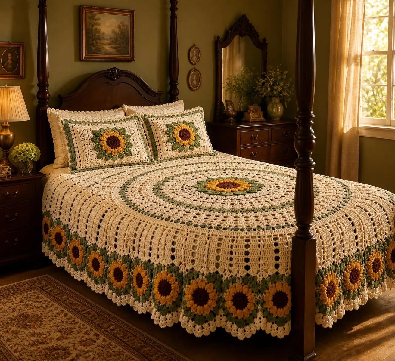 Sunflower Crochet Bedspread & Sham Pattern, Round Lace Coverlet (PDF) - image 3