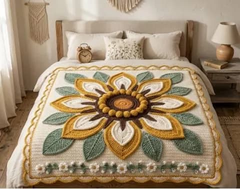 Sunflower Granny Square Crochet Blanket Pattern, Queen Size Bedspread (PDF Download) - image 4