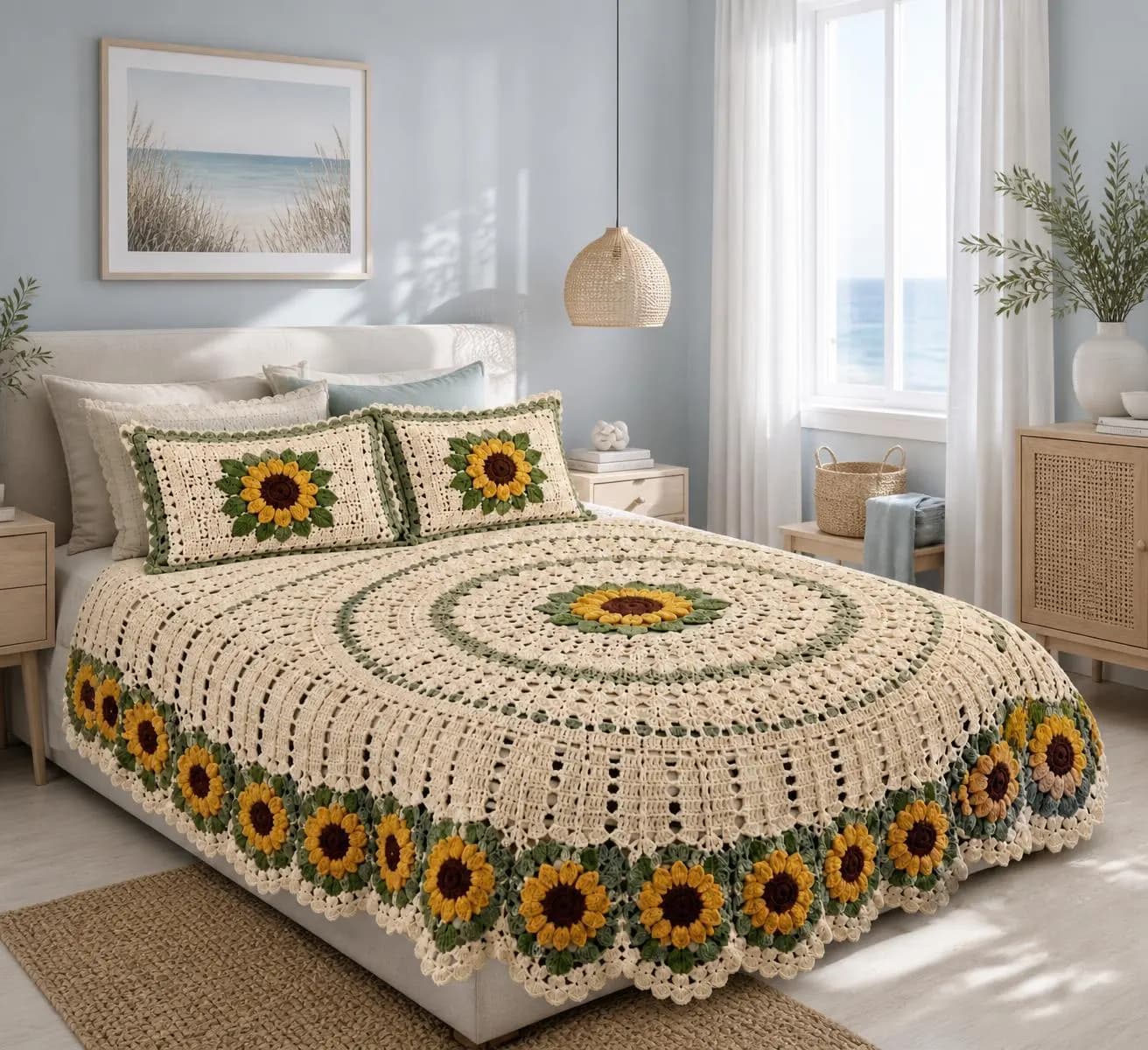 Sunflower Crochet Bedspread & Sham Pattern, Round Lace Coverlet (PDF) - image 4