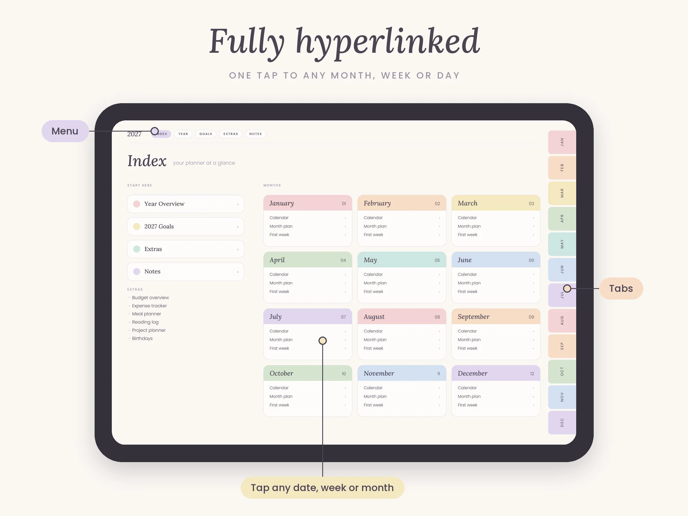 2027 Digital Planner, Hyperlinked GoodNotes Planner, iPad Planner, Pastel Daily Weekly Monthly Planner, Notability Planner, Landscape - image 5