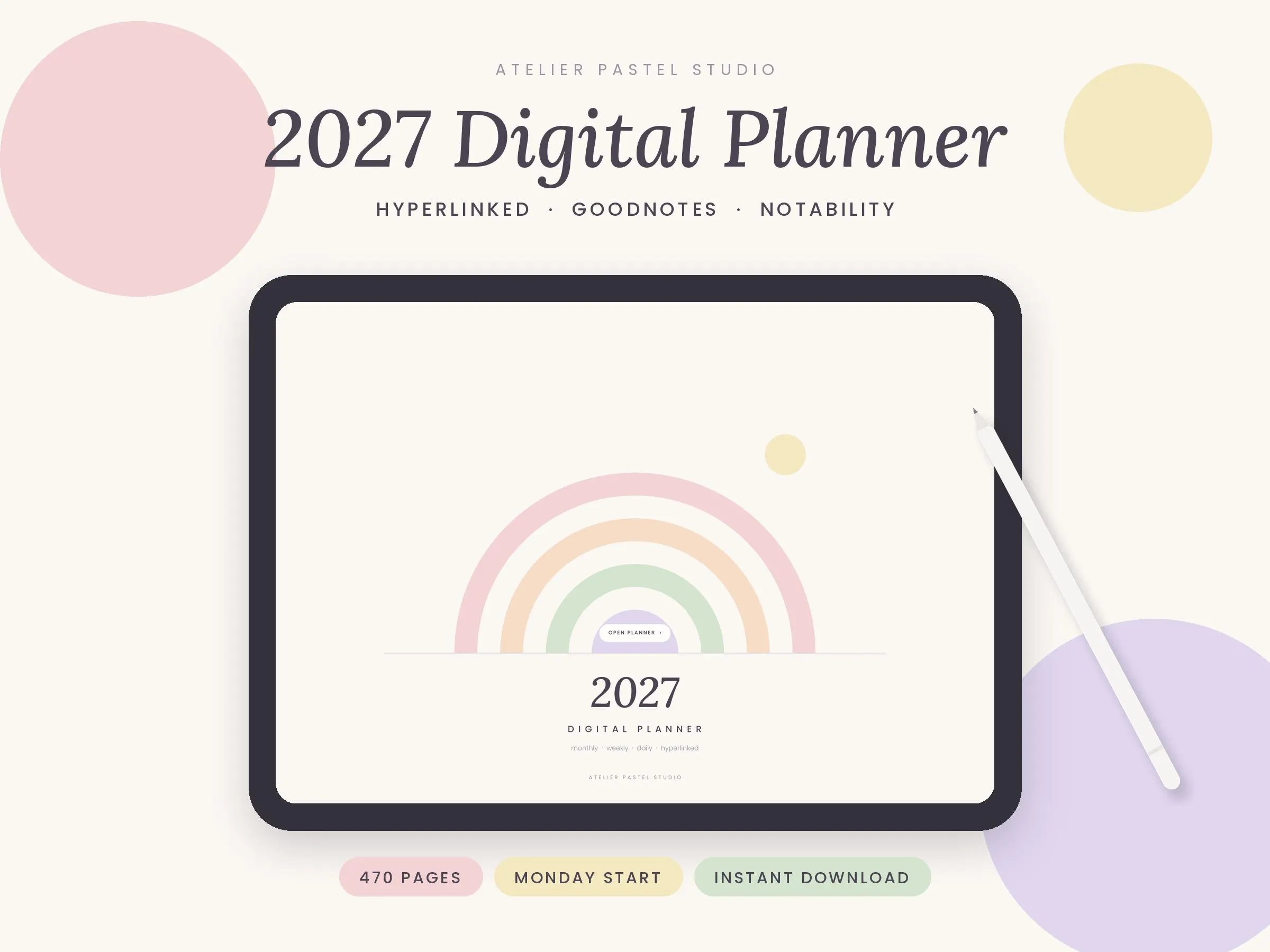 2027 Digital Planner, Hyperlinked GoodNotes Planner, iPad Planner, Pastel Daily Weekly Monthly Planner, Notability Planner, Landscape