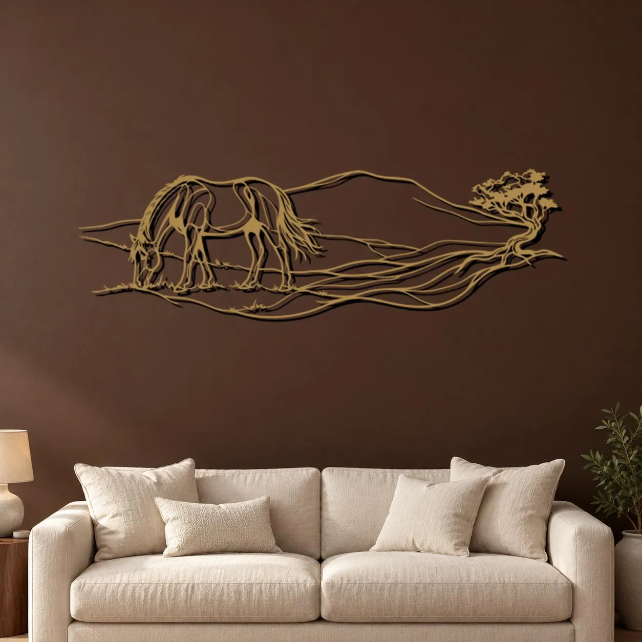 Grazing Horse Art, Flowing Meadow Scene, Lowered Head Pose, Distant Tree Detail, Pastoral Animal Artwork, Nature Metal Decor, Wall Sculpture - image 2