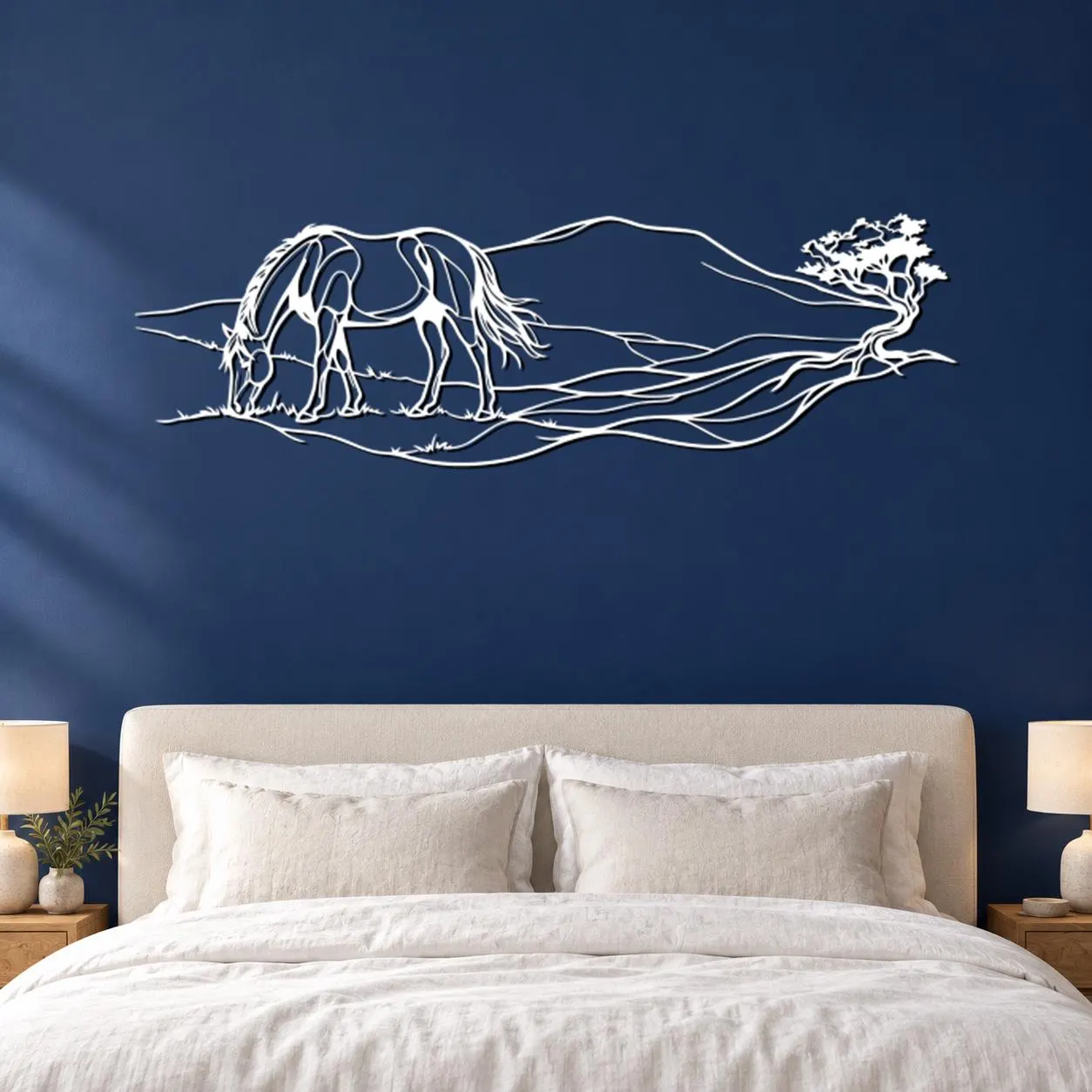 Grazing Horse Art, Flowing Meadow Scene, Lowered Head Pose, Distant Tree Detail, Pastoral Animal Artwork, Nature Metal Decor, Wall Sculpture - image 4