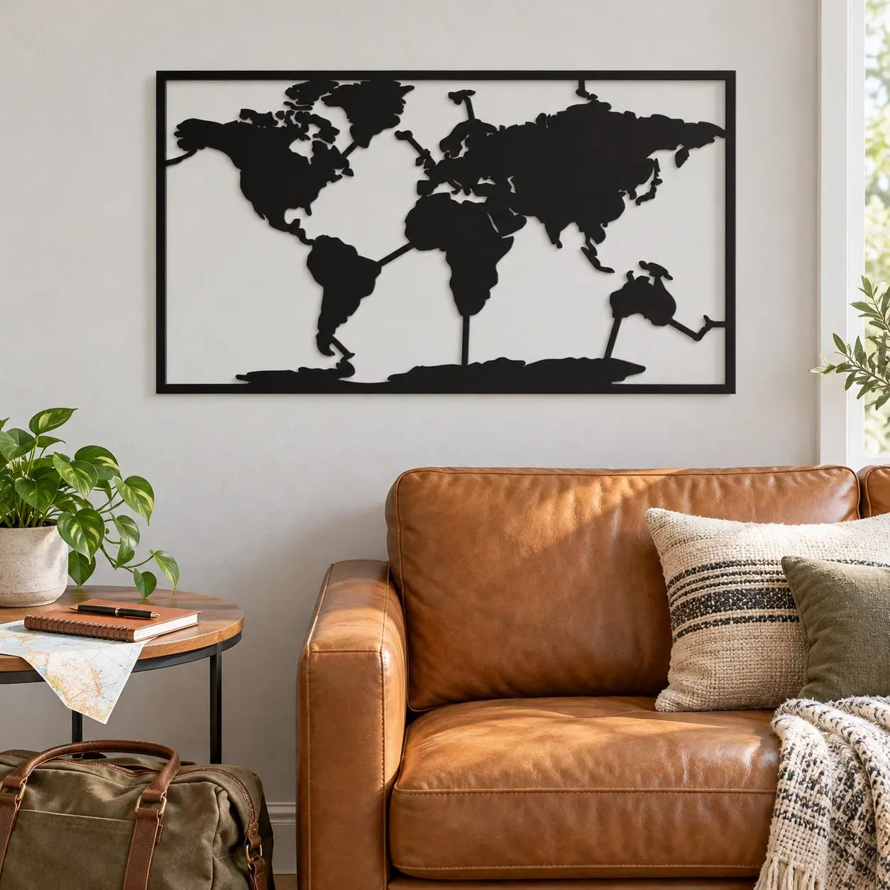 World Map Art, Framed Continent Silhouettes, Global Travel Design, Rectangular Metal Panel, Geography Wall Sculpture, Journey Inspired Decor