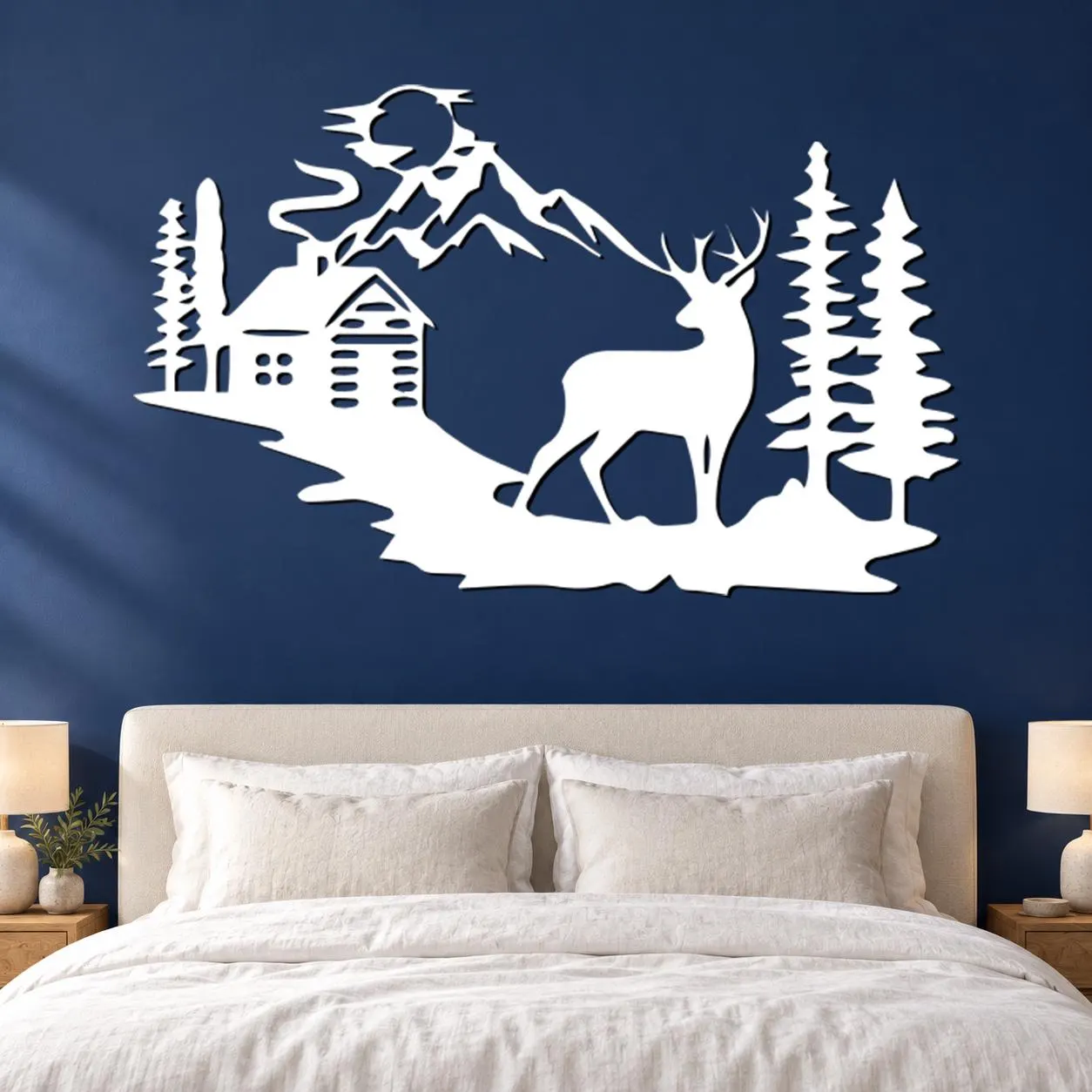Deer Cabin Art, Mountain Woodland Scene, Pine Tree Silhouettes, Rustic Building Detail, Nature Lover Gift, Metal Wall Hanging, Metal Artwork - image 4