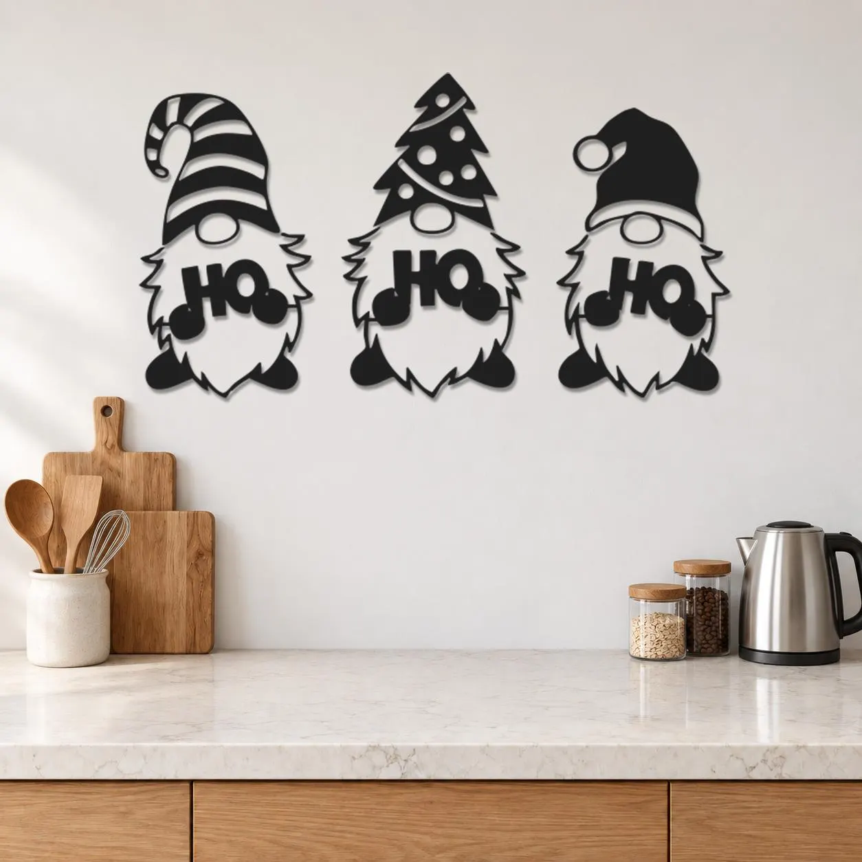 Christmas Gnome Art, Ho Ho Ho, Three Bearded Figures, Tree Hat Detail, Seasonal Metal Decor, Playful Holiday Sculpture, Christmas Lover Gift - image 2