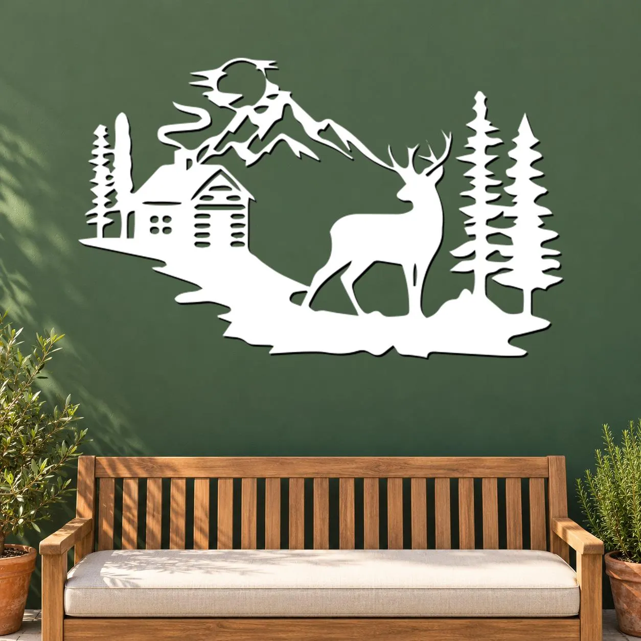 Deer Cabin Art, Mountain Woodland Scene, Pine Tree Silhouettes, Rustic Building Detail, Nature Lover Gift, Metal Wall Hanging, Metal Artwork - image 3