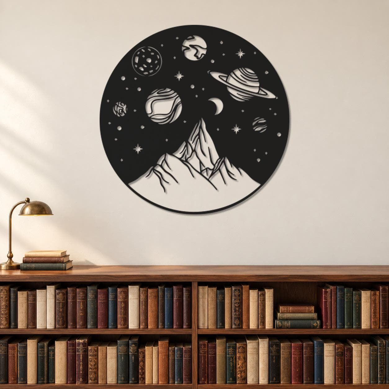 Cosmic Mountain Art, Round Planet Scene, Star Filled Sky, Space Inspired Landscape, Astronomy Lover Gift, Metal Wall Hanging, Wall Sculpture - image 4